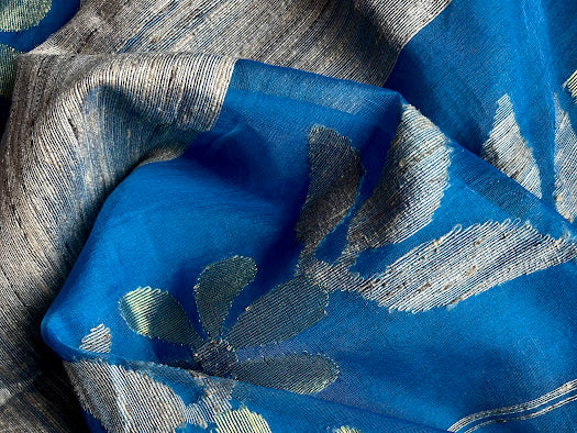 Muslin Jamdani Saree with Jute Pallu - Blue