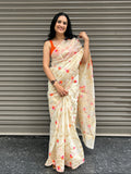 Jamdani Silk Saree -  Off White with pink orange floral motifs