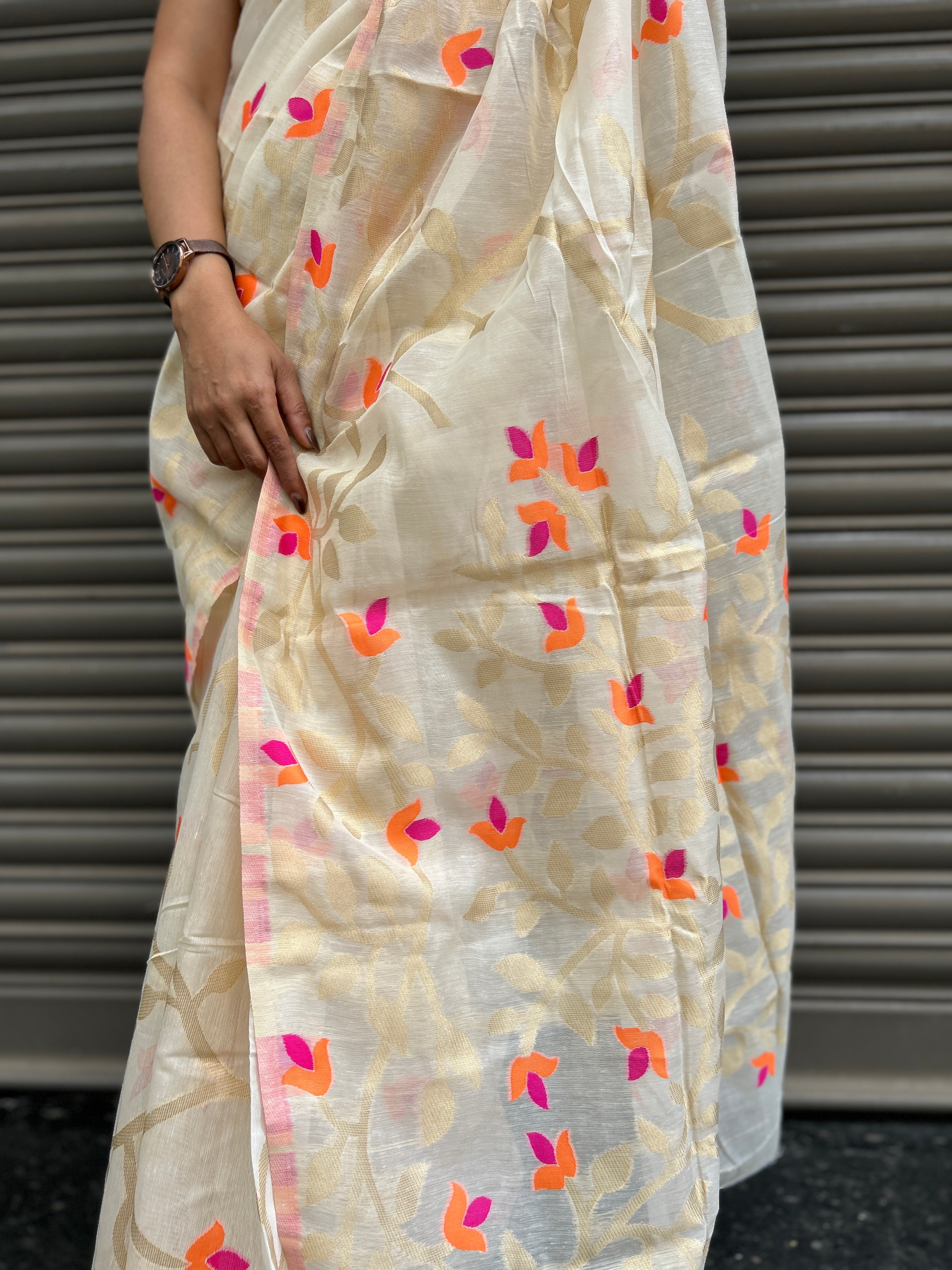 Jamdani Silk Saree -  Off White with pink orange floral motifs