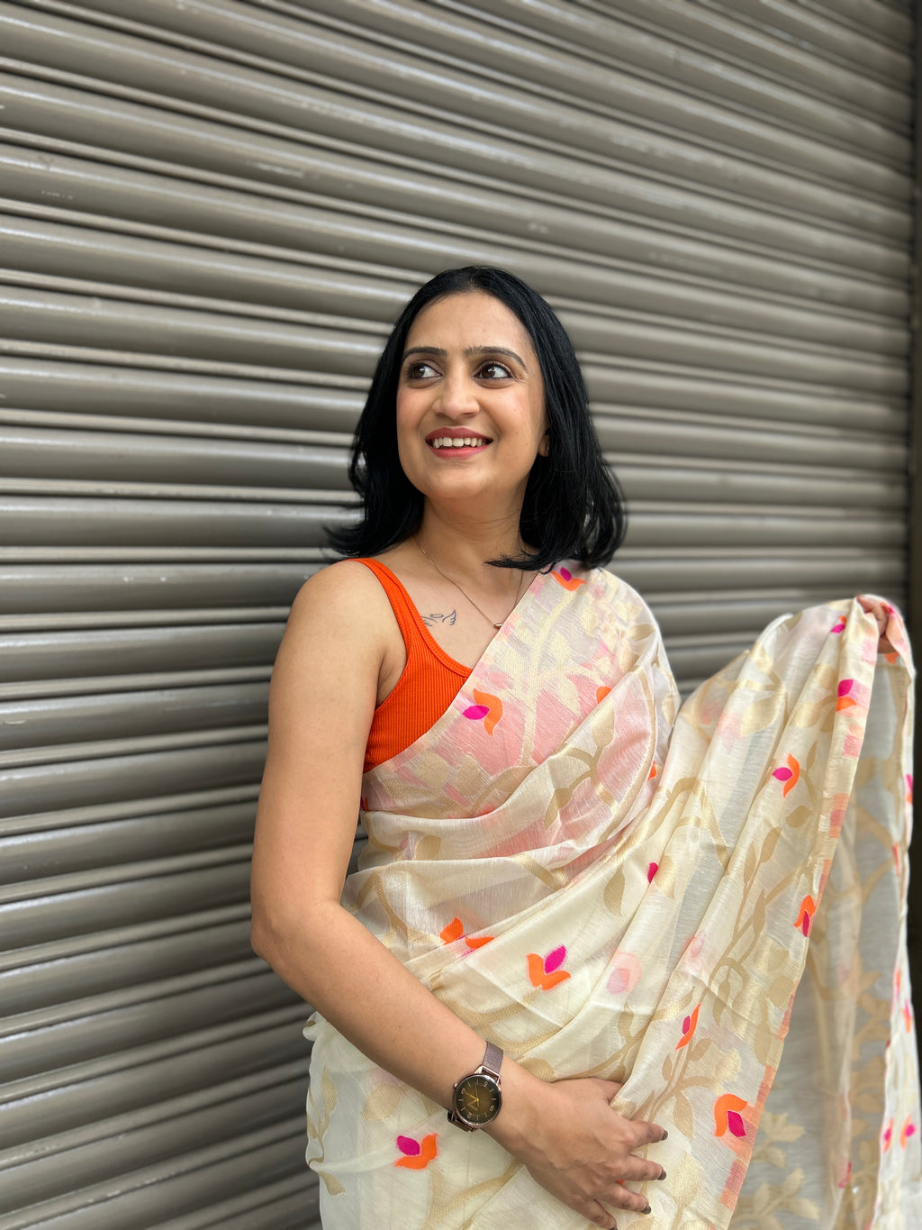 Jamdani Silk Saree -  Off White with pink orange floral motifs
