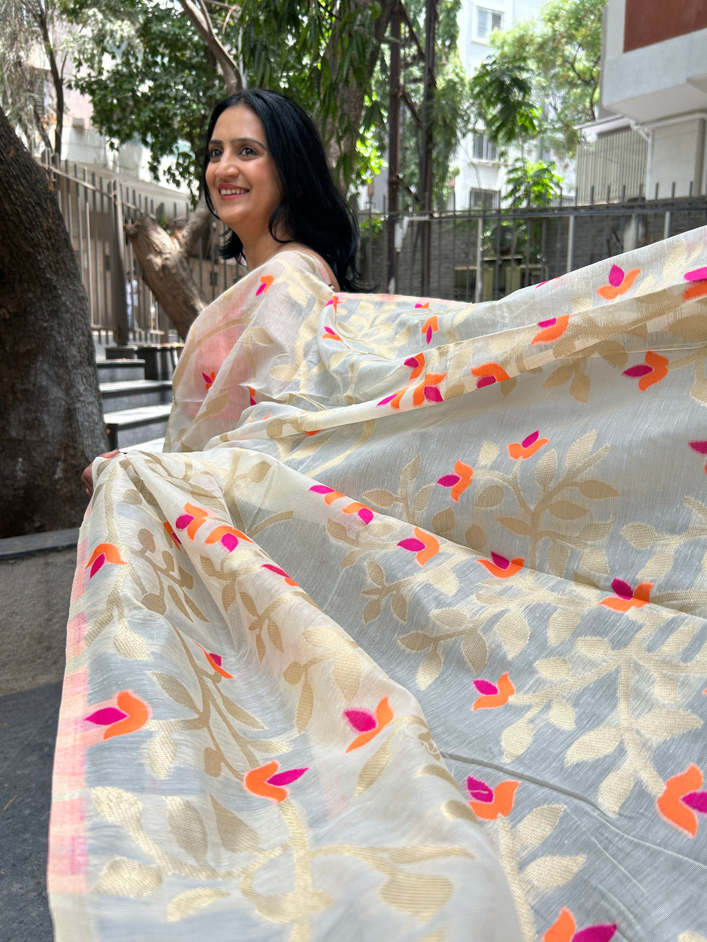 Jamdani Silk Saree -  Off White with pink orange floral motifs