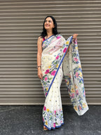 Jamdani Silk Saree -  Off White with blue weaves