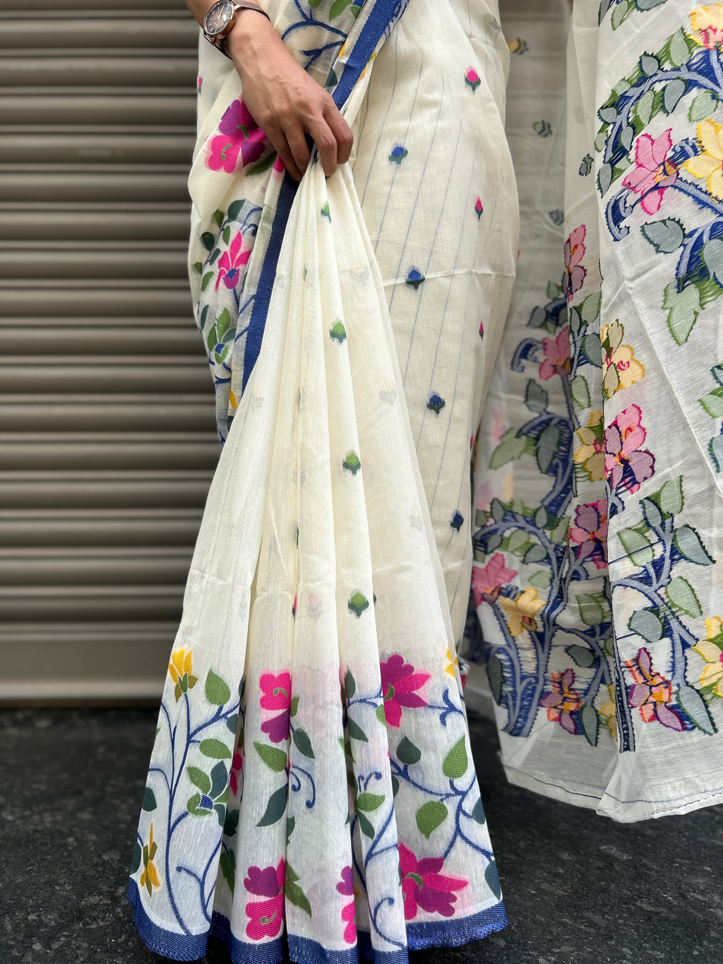 Jamdani Silk Saree -  Off White with blue weaves