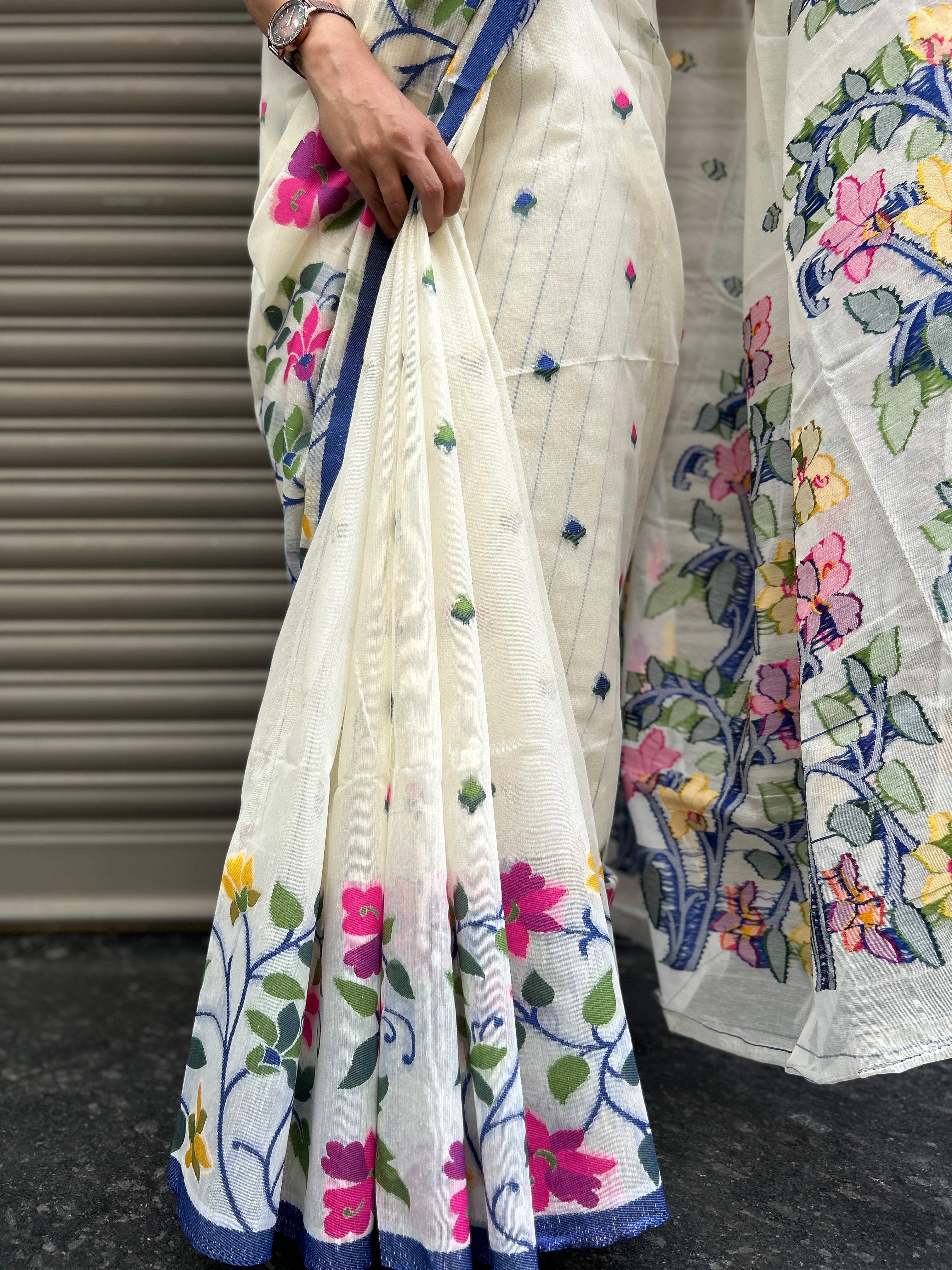 Jamdani Silk Saree -  Off White with blue weaves