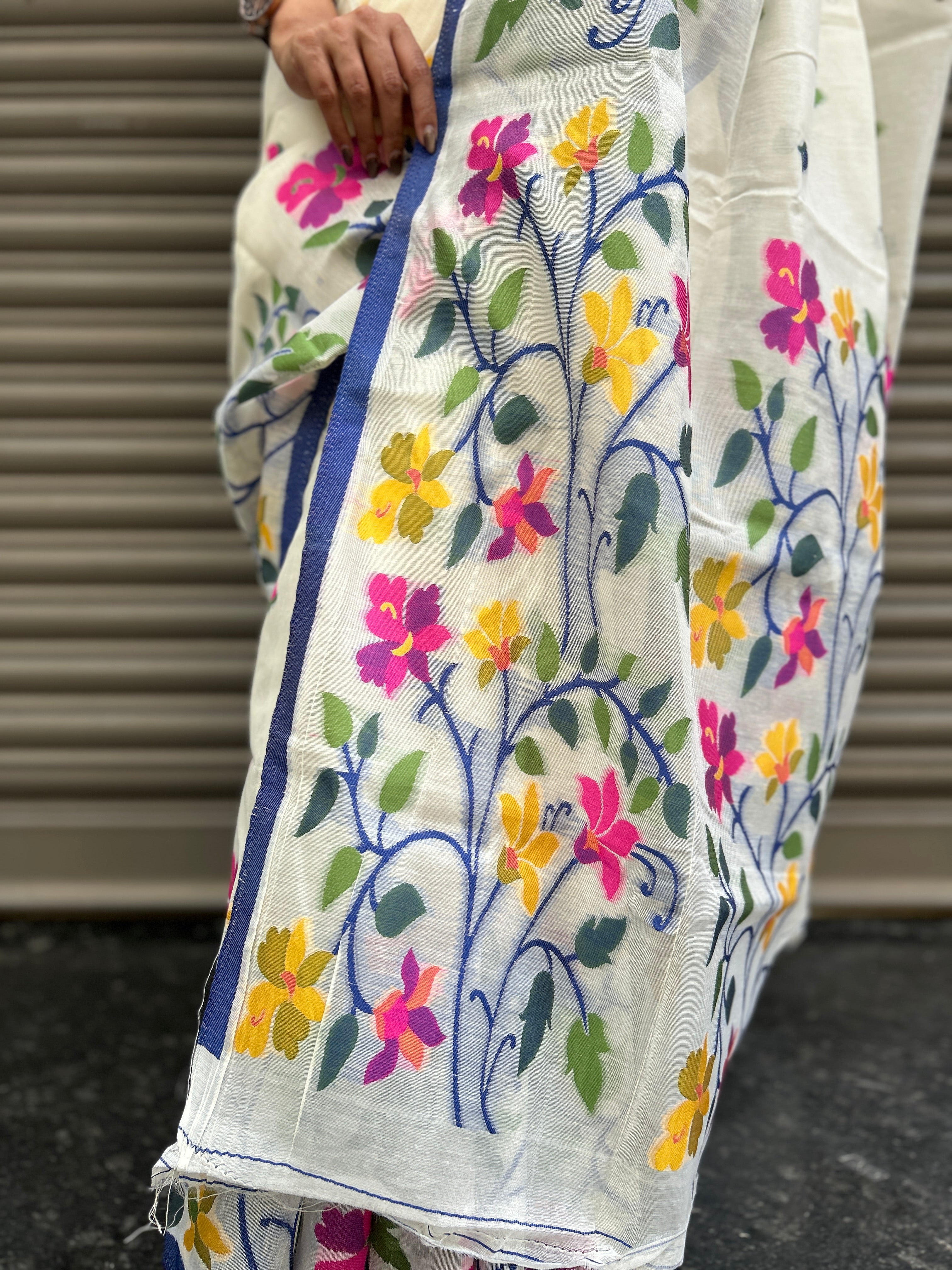 Jamdani Silk Saree -  Off White with blue weaves
