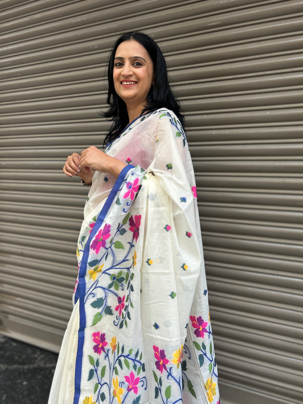 Jamdani Silk Saree -  Off White with blue weaves