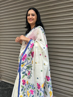 Jamdani Silk Saree -  Off White with blue weaves