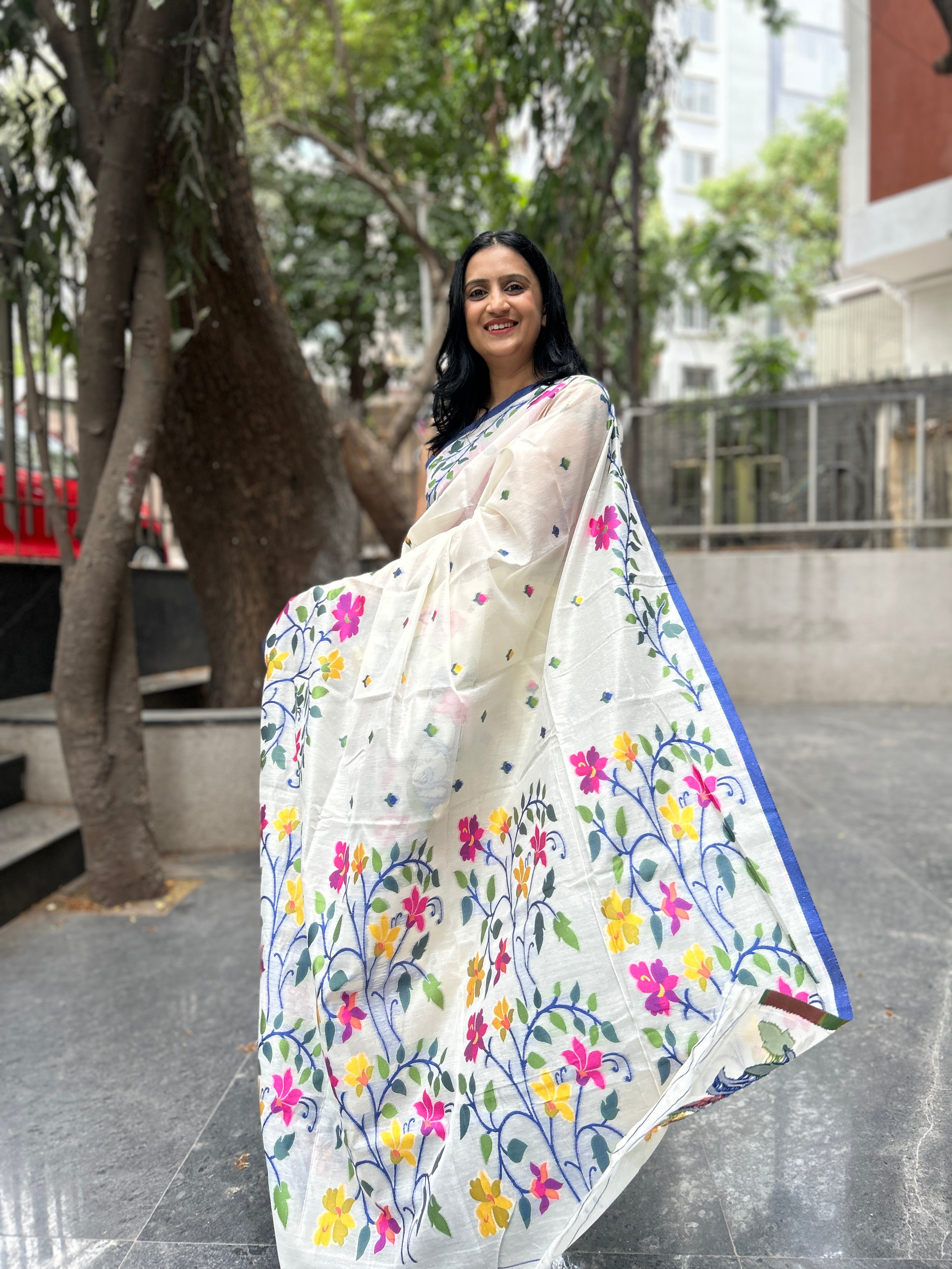 Jamdani Silk Saree -  Off White with blue weaves