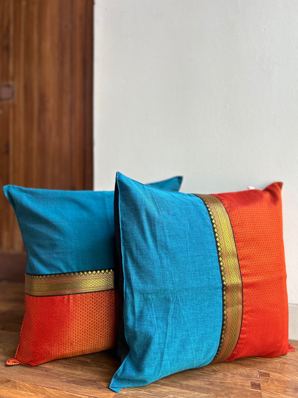 Festive Cushion Cover  - Orange Khun + Blue