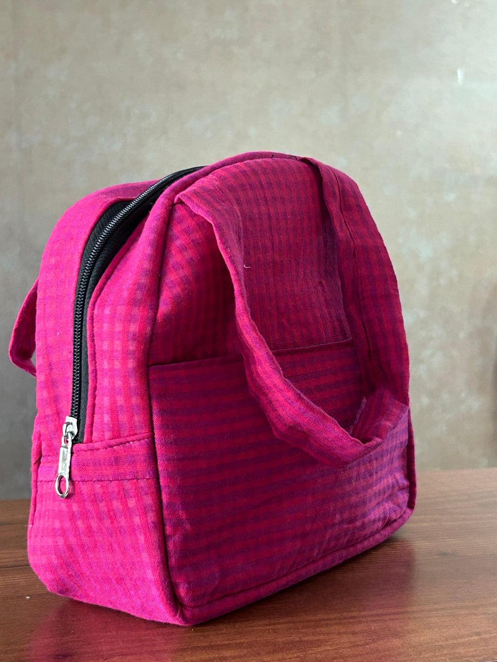 Cotton Tiffin Bag- Dark Pink with Checks