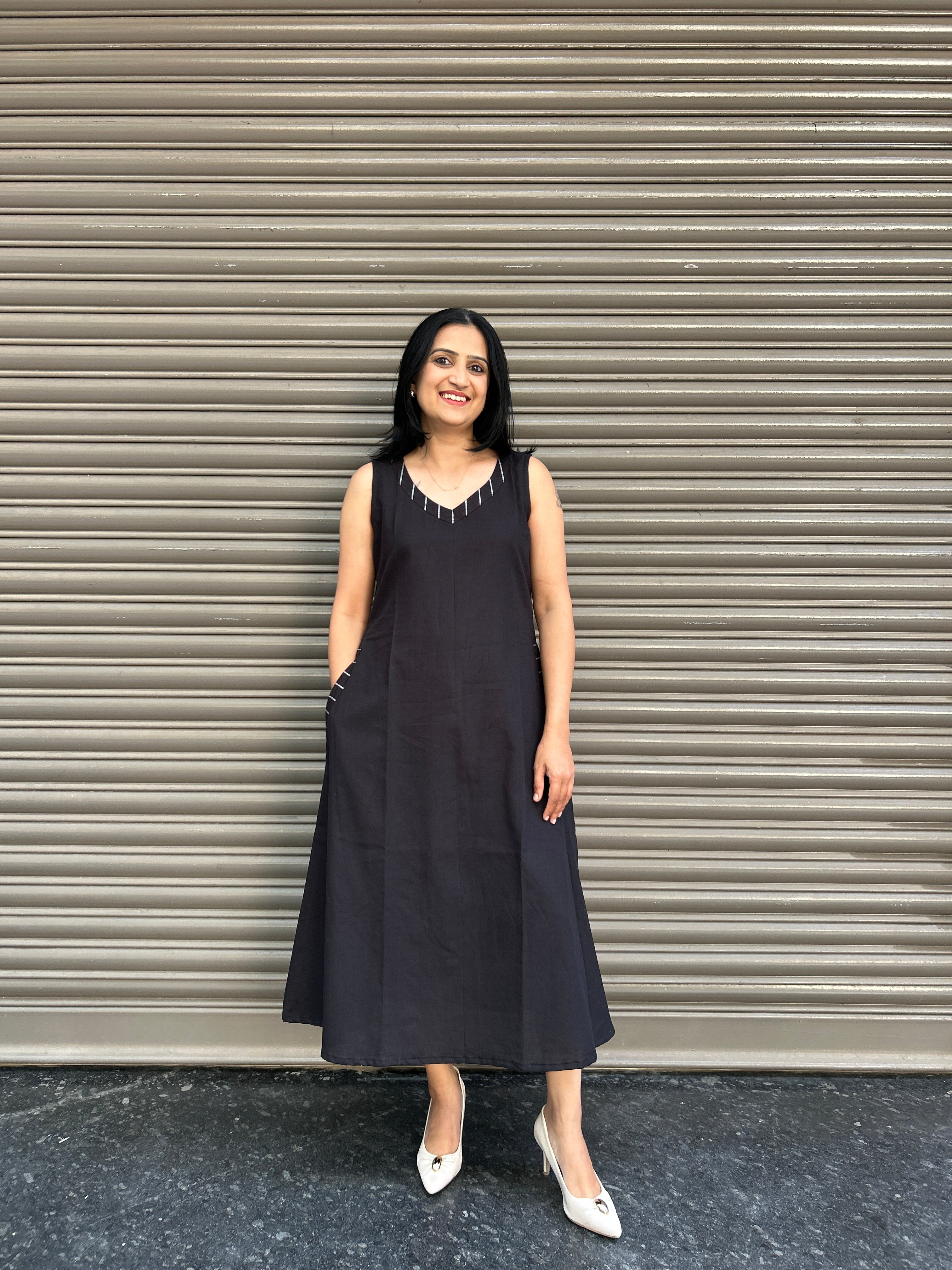 Statement Cotton A-Line Dress - Black