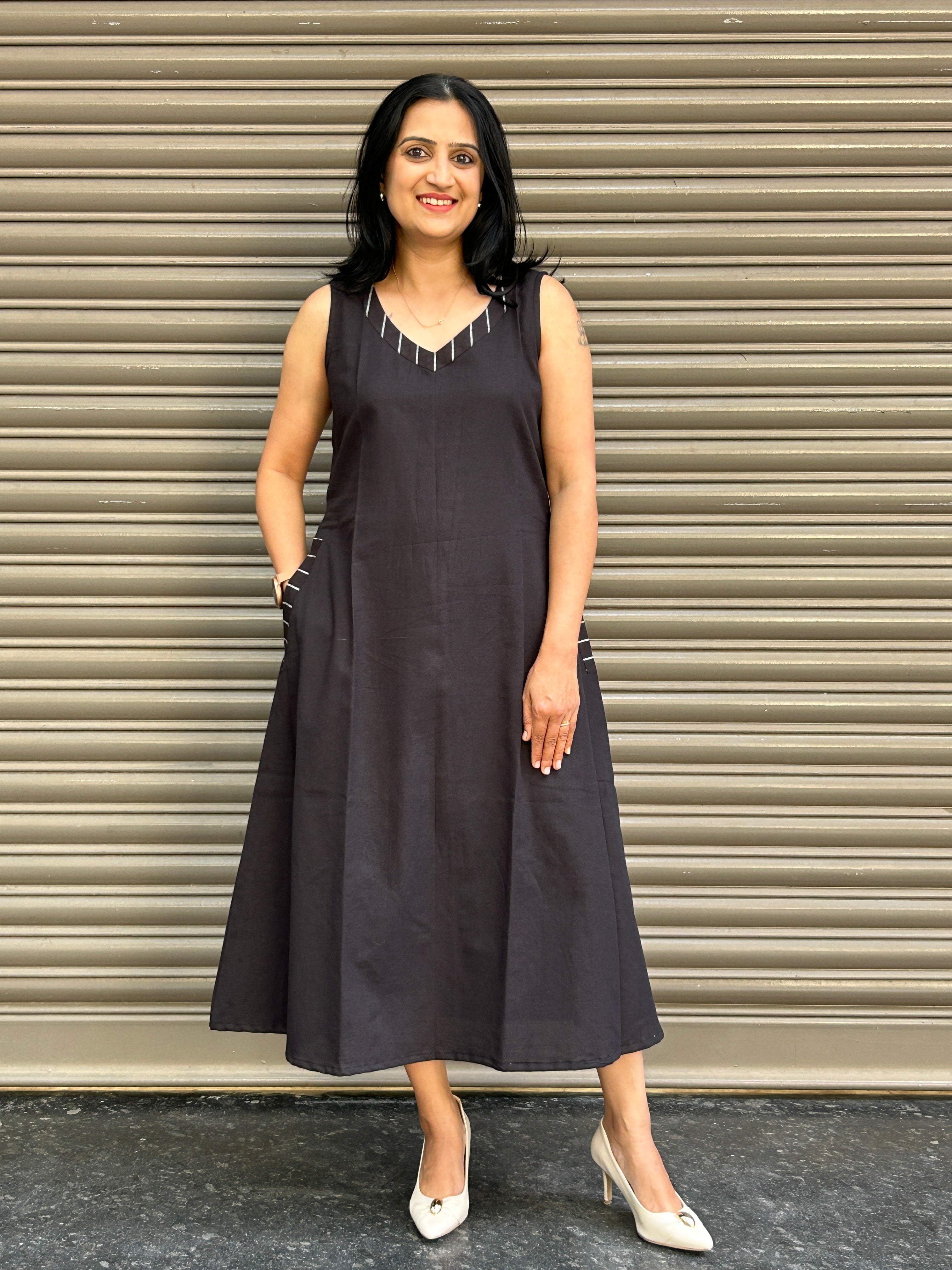 Statement Cotton A-Line Dress - Black