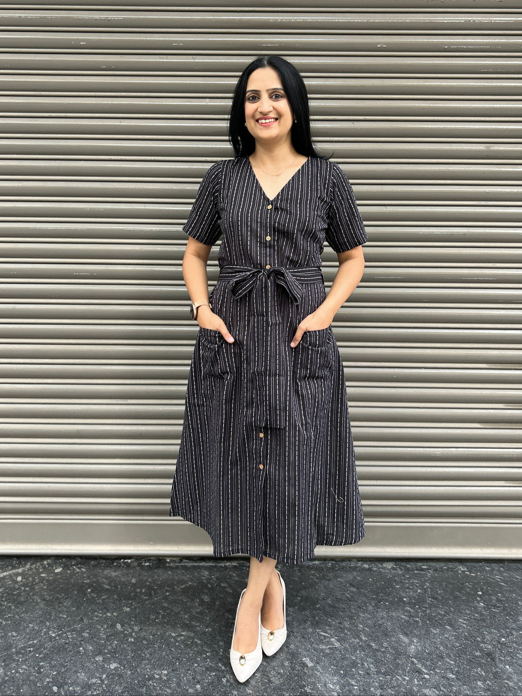Cotton Striped Dress - Black