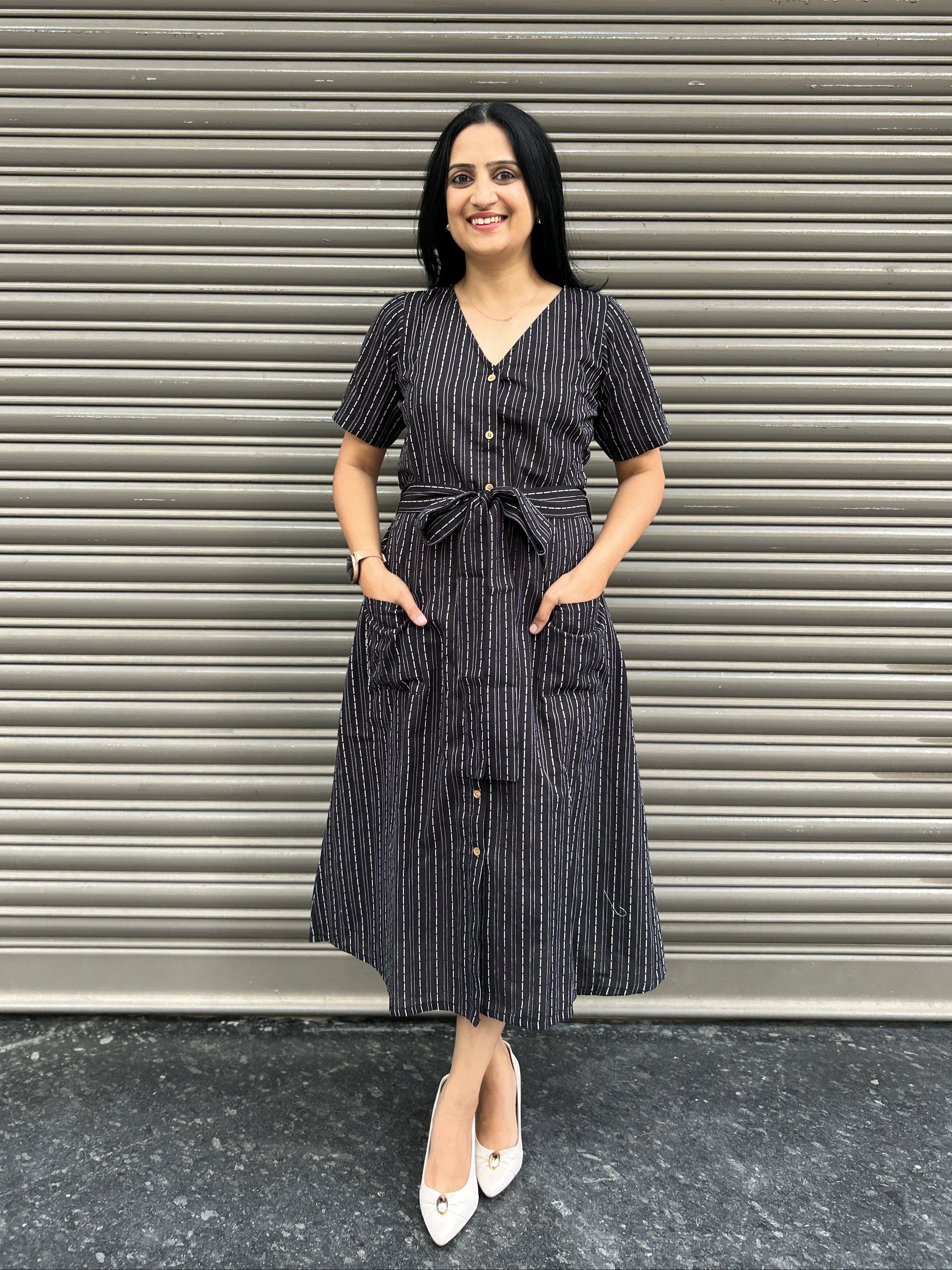 Cotton Striped Dress - Black