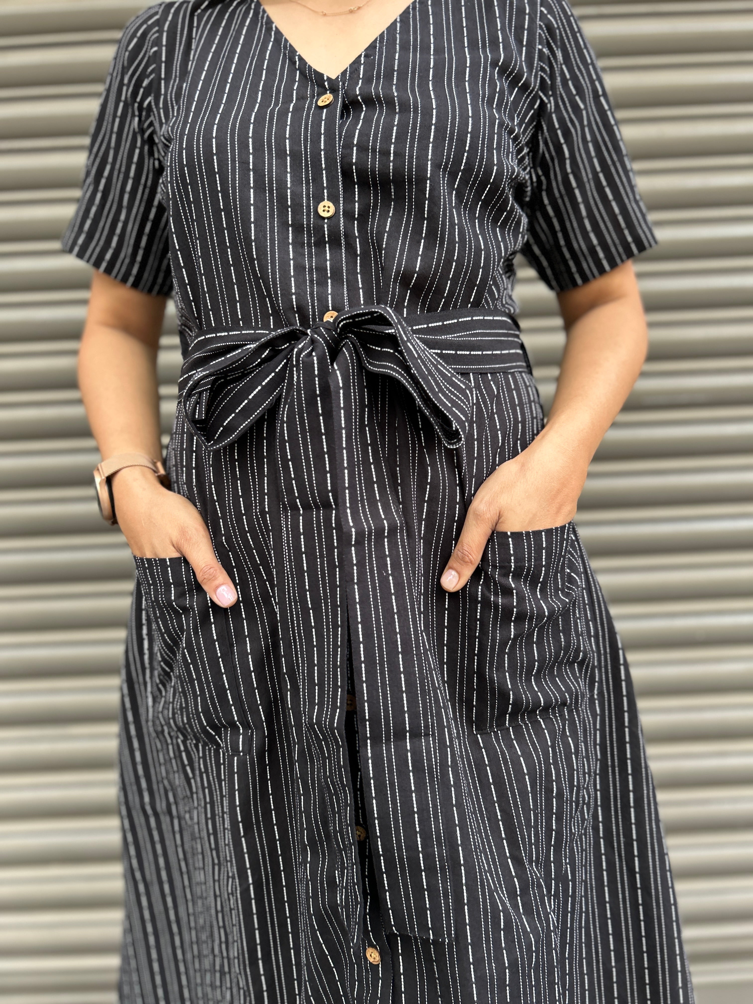 Cotton Striped Dress - Black