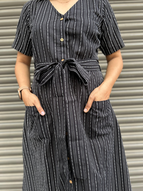 Cotton Striped Dress - Black
