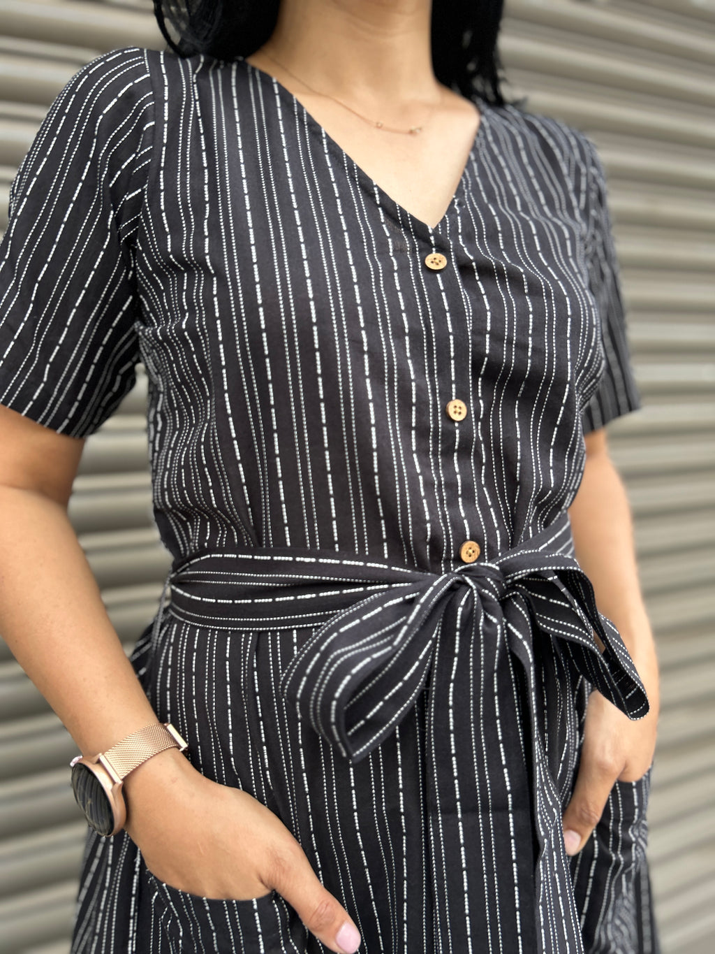 Cotton Striped Dress - Black
