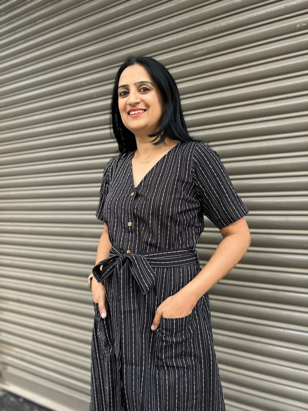 Cotton Striped Dress - Black