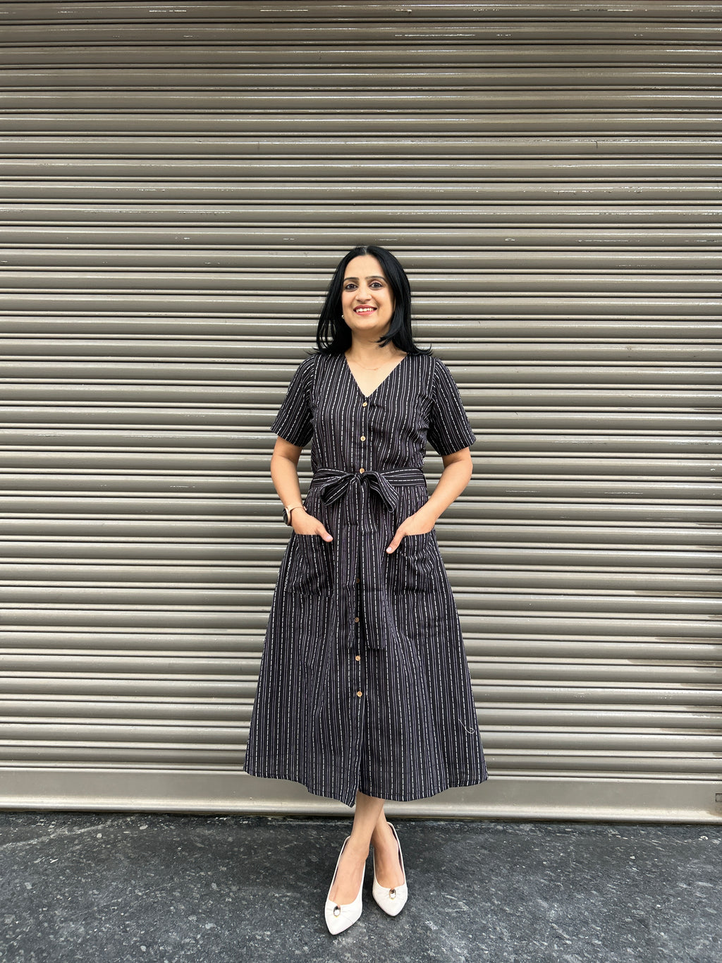 Cotton Striped Dress - Black