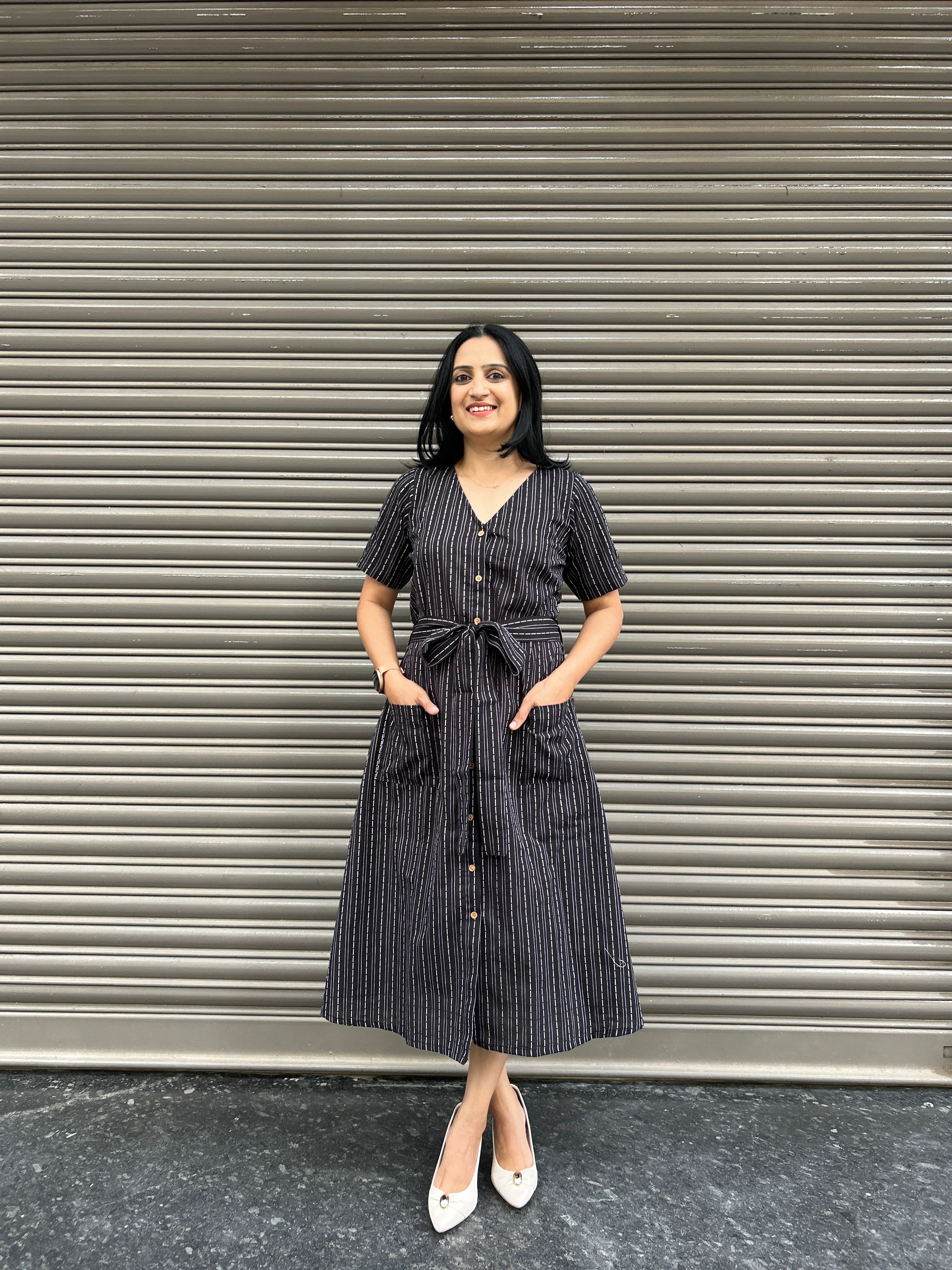 Cotton Striped Dress - Black