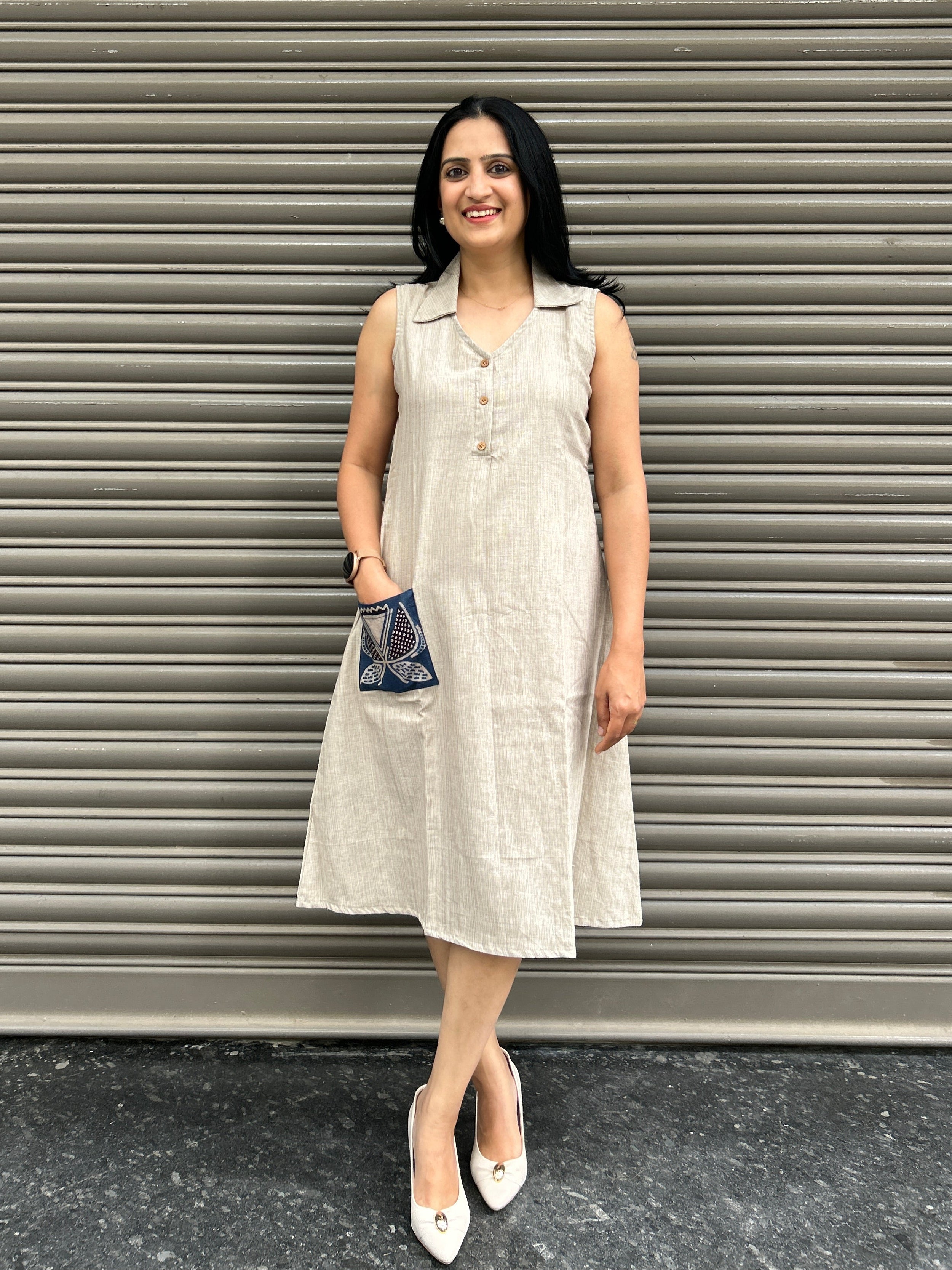 Cotton A-Line Dress - Beige