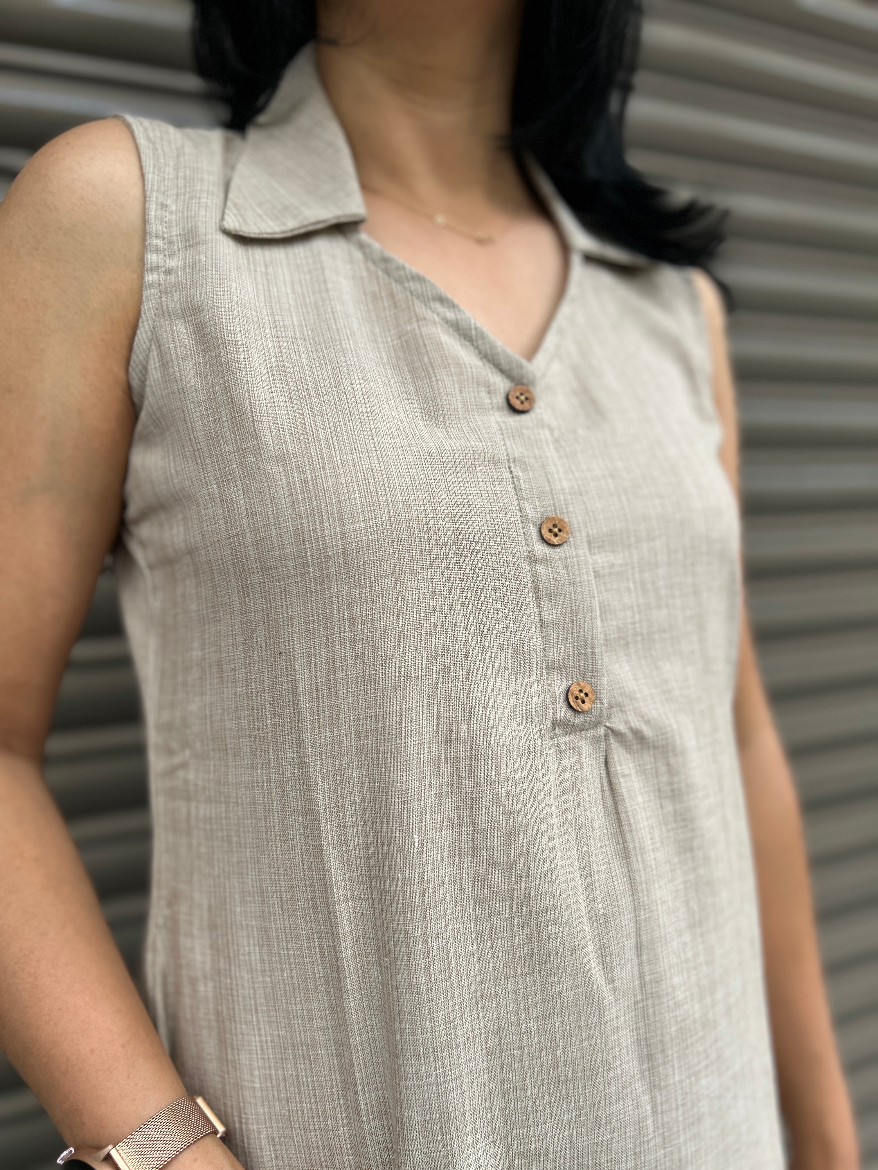 Cotton A-Line Dress - Beige