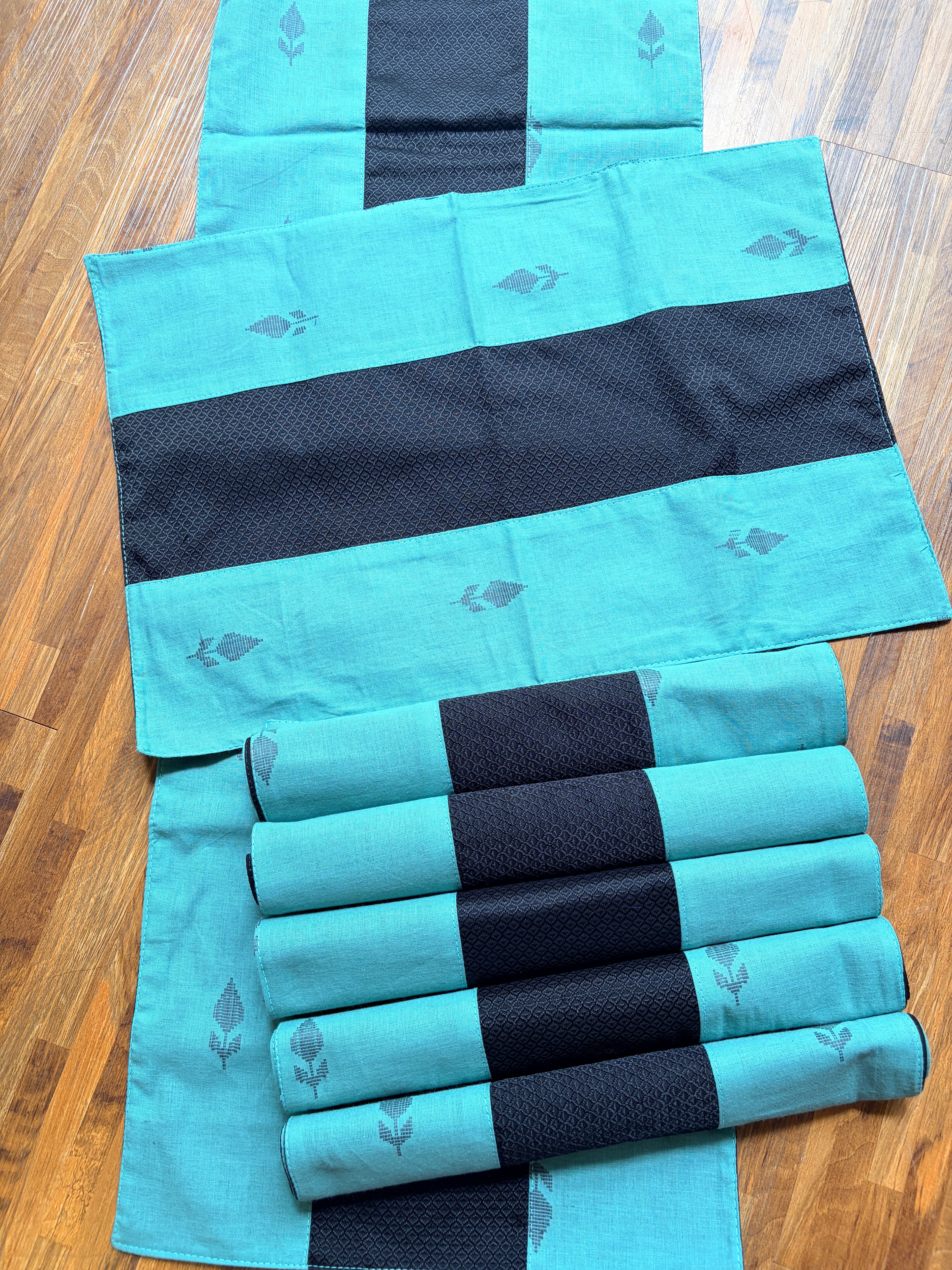 Table Mat & Table Runner Set -  Turquiose Blue & Black Khun