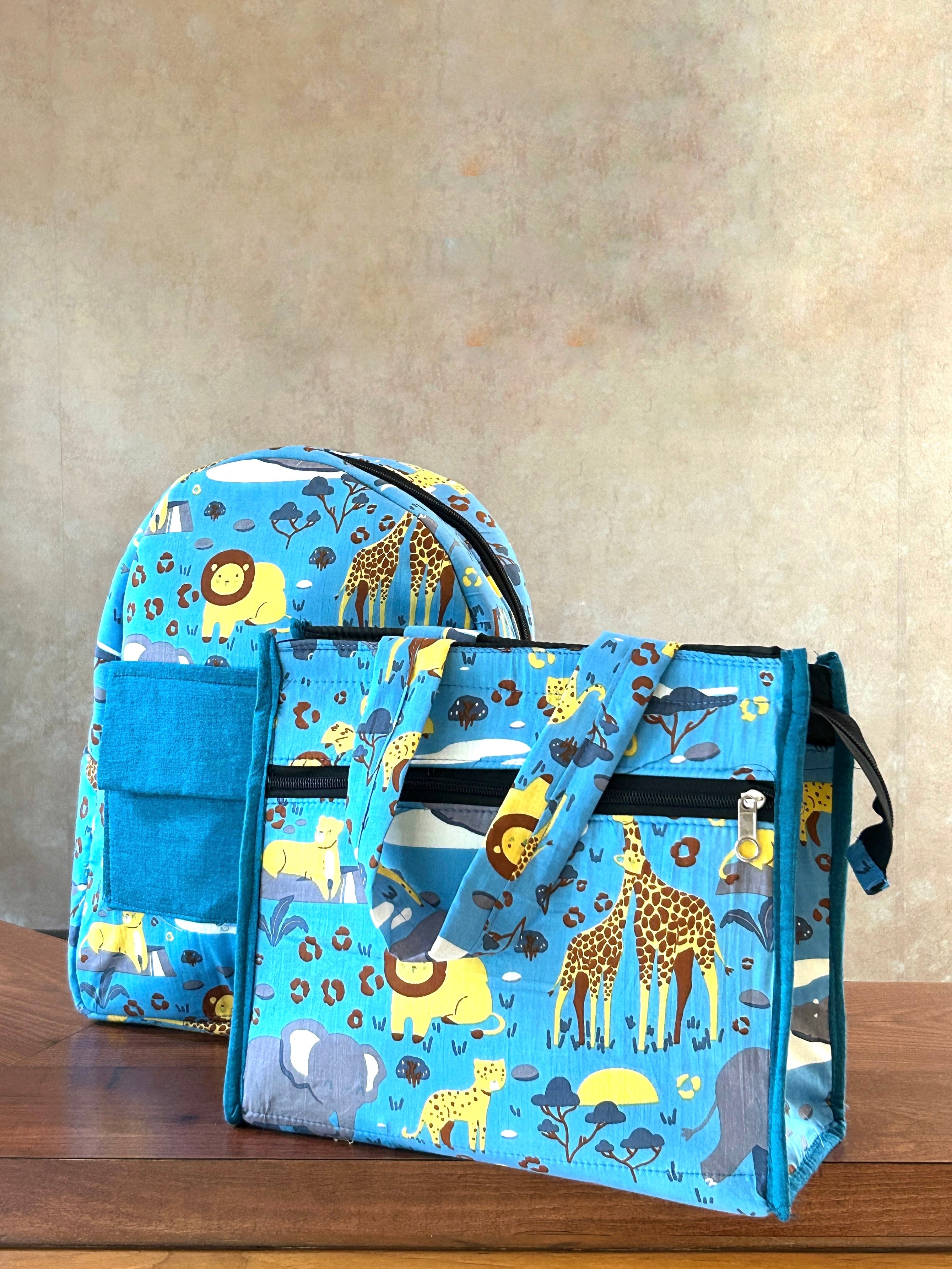 Cotton Backpack & Tiffin Bag Set - Blue