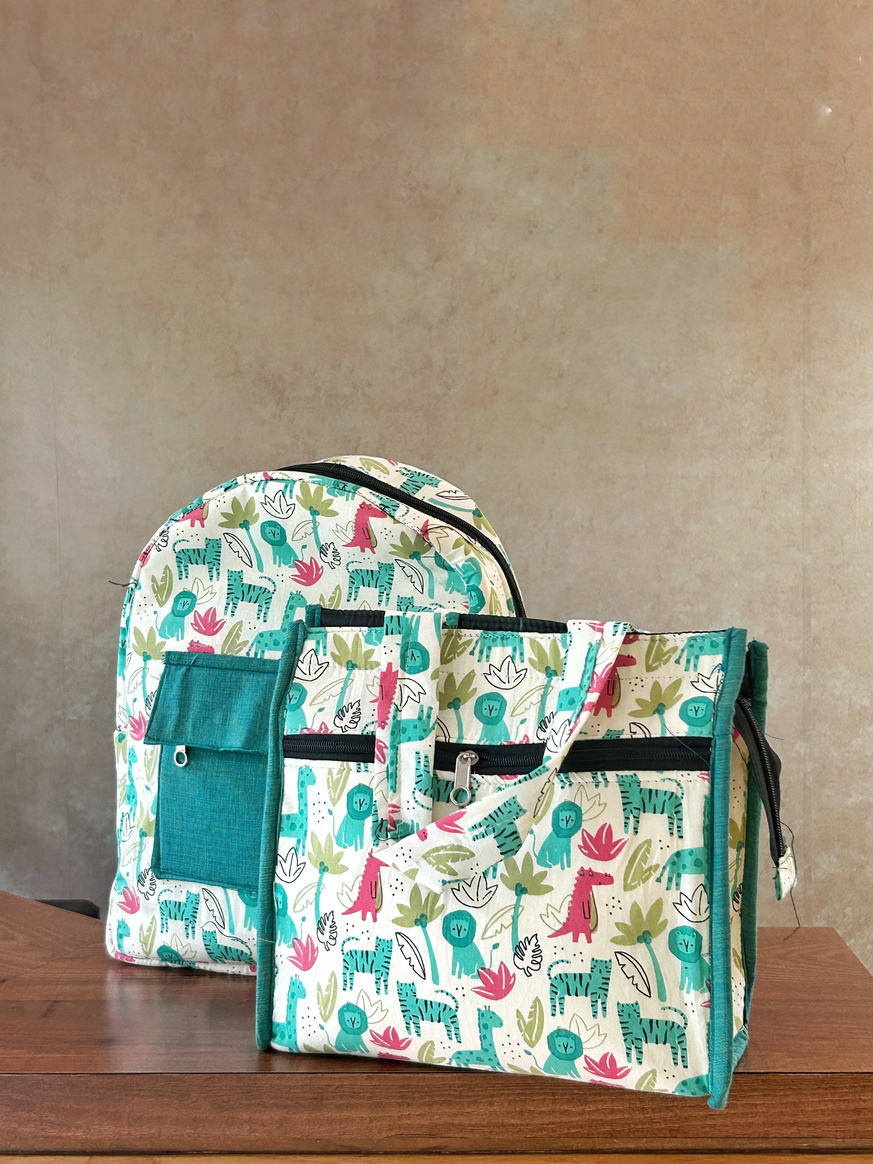 Cotton Backpack & Tiffin Bag Set - Green