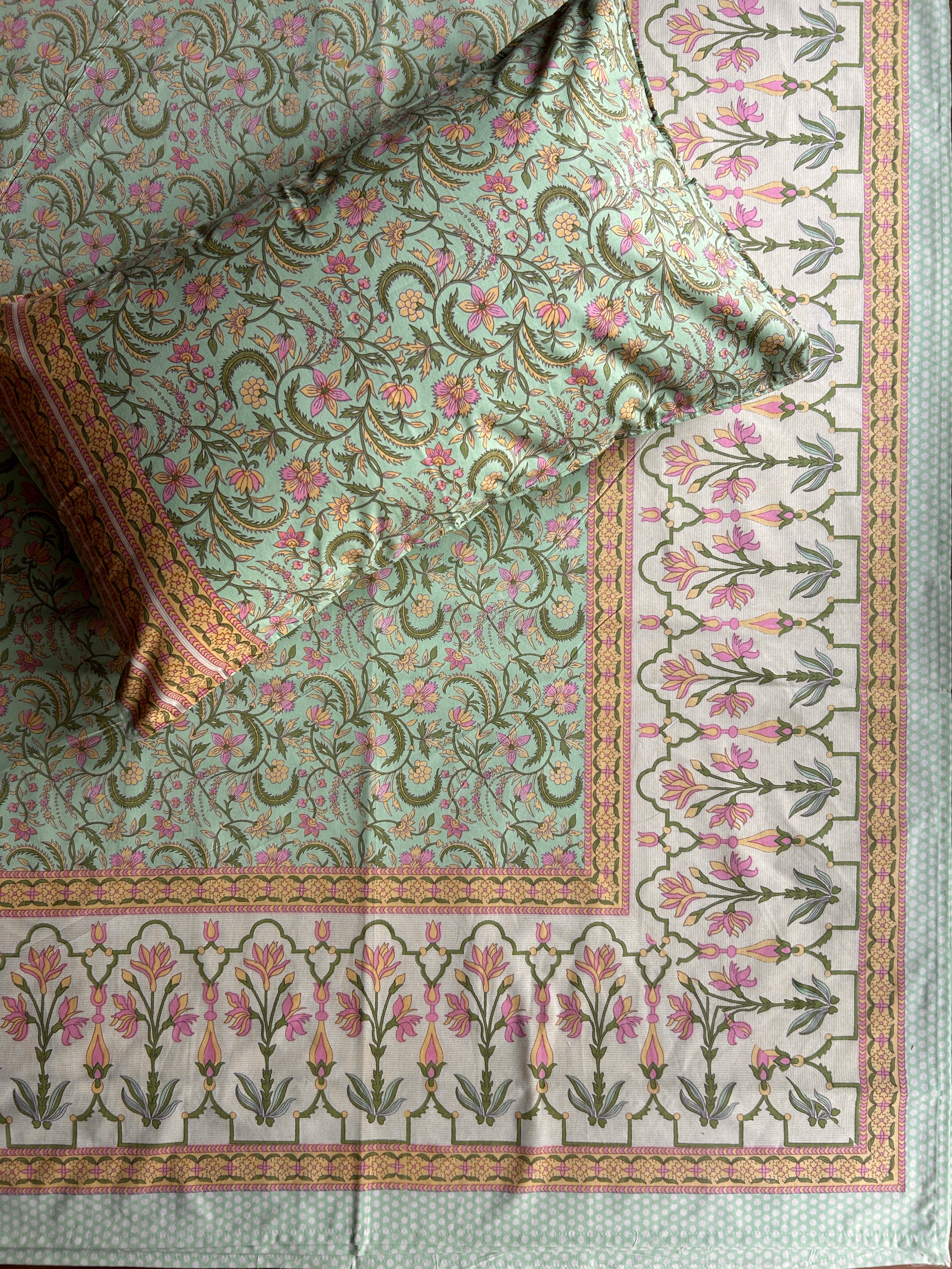 Baagh Double Bedsheet - Green Floral