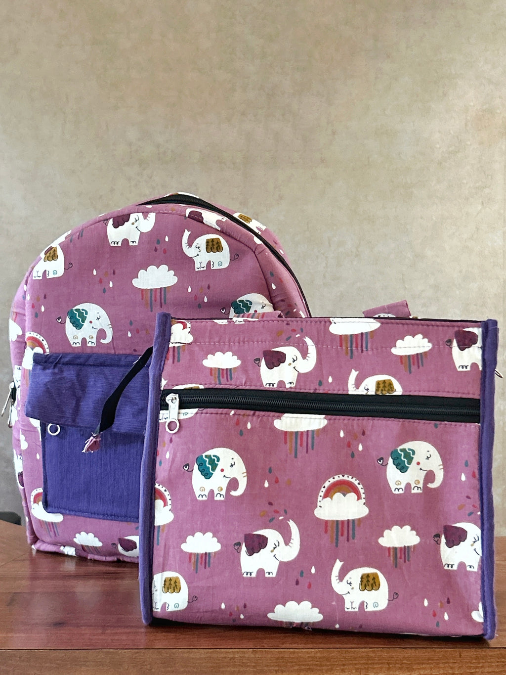 Cotton Backpack & Tiffin Bag Set - Purple