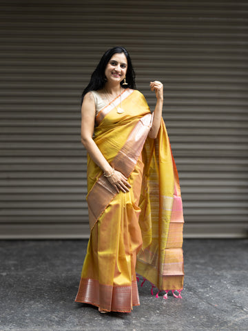 Mangalgiri Pattu Silk Saree with Rudraksh Border - Yellow