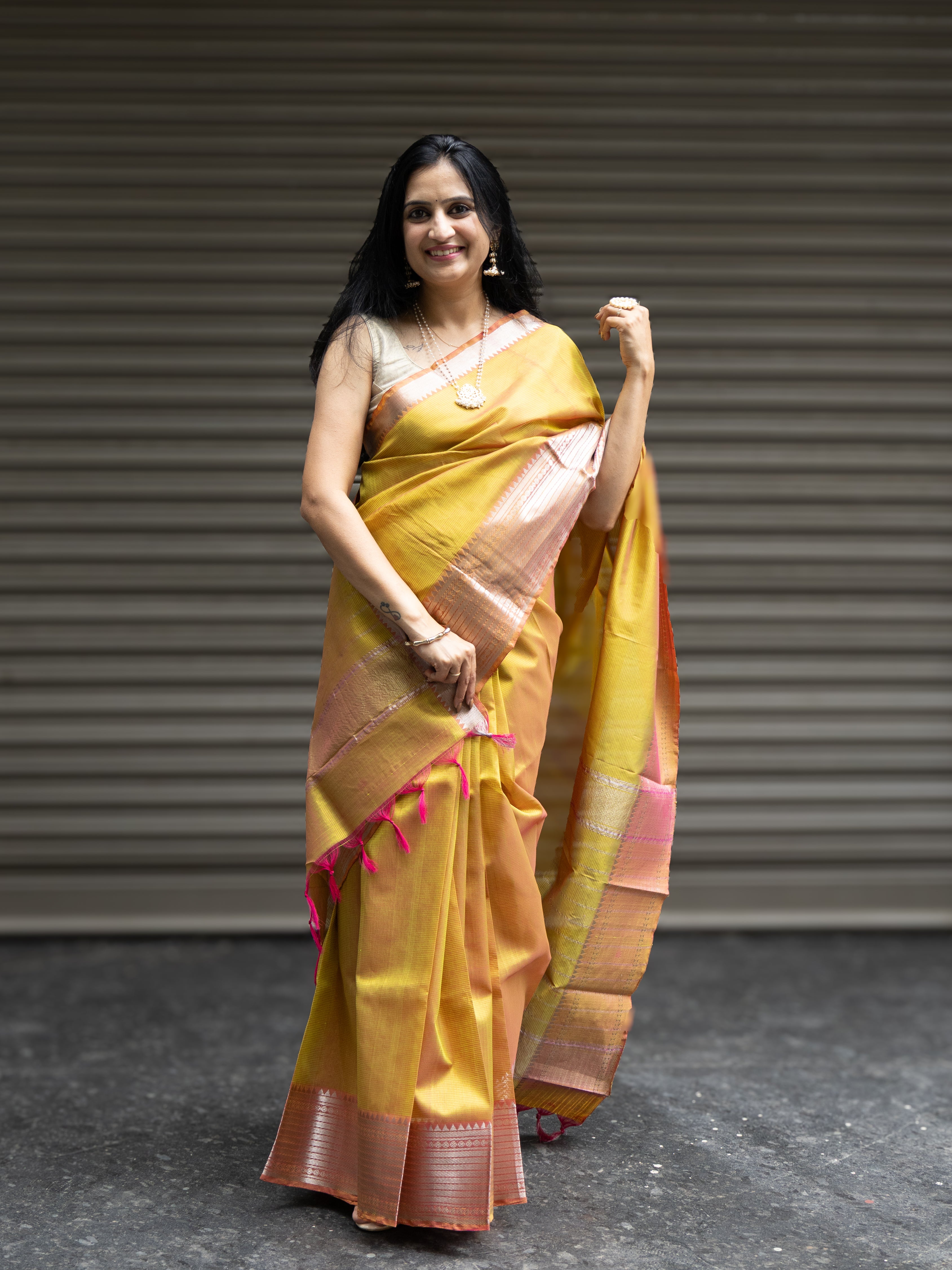 Mangalgiri Pattu Silk Saree with Rudraksh Border - Yellow