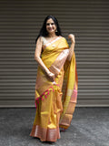 Mangalgiri Pattu Silk Saree with Rudraksh Border - Yellow