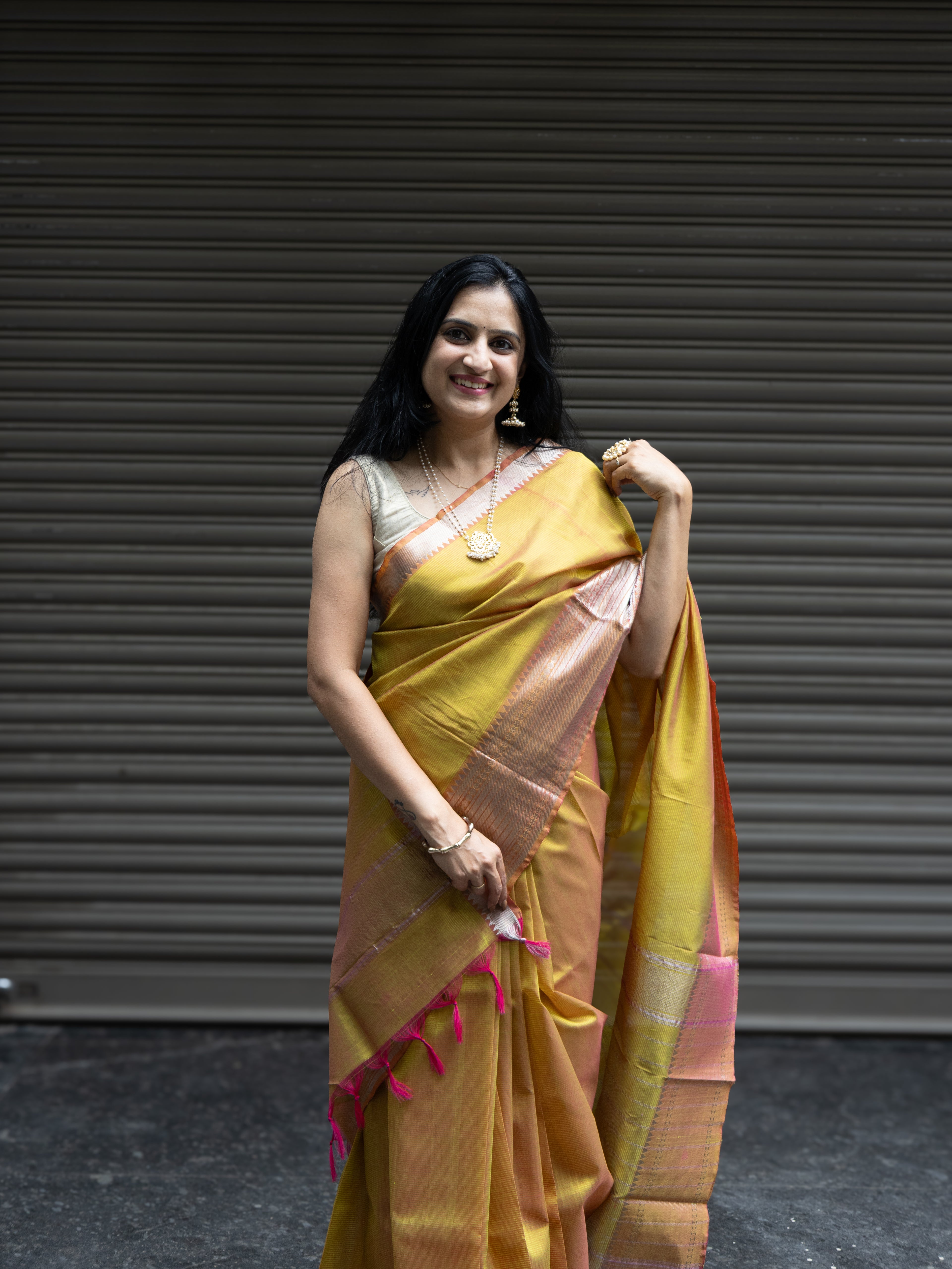 Mangalgiri Pattu Silk Saree with Rudraksh Border - Yellow