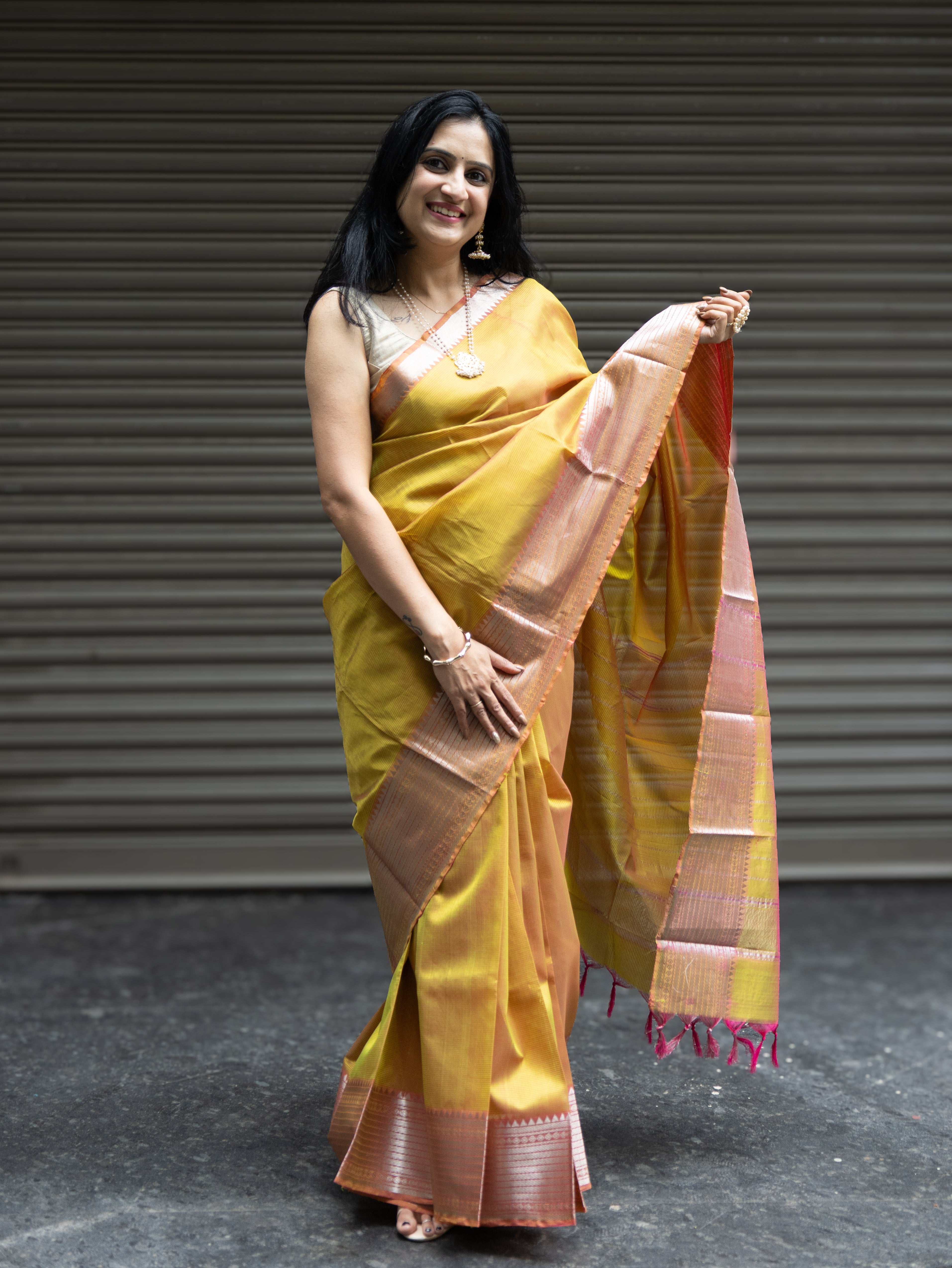Mangalgiri Pattu Silk Saree with Rudraksh Border - Yellow