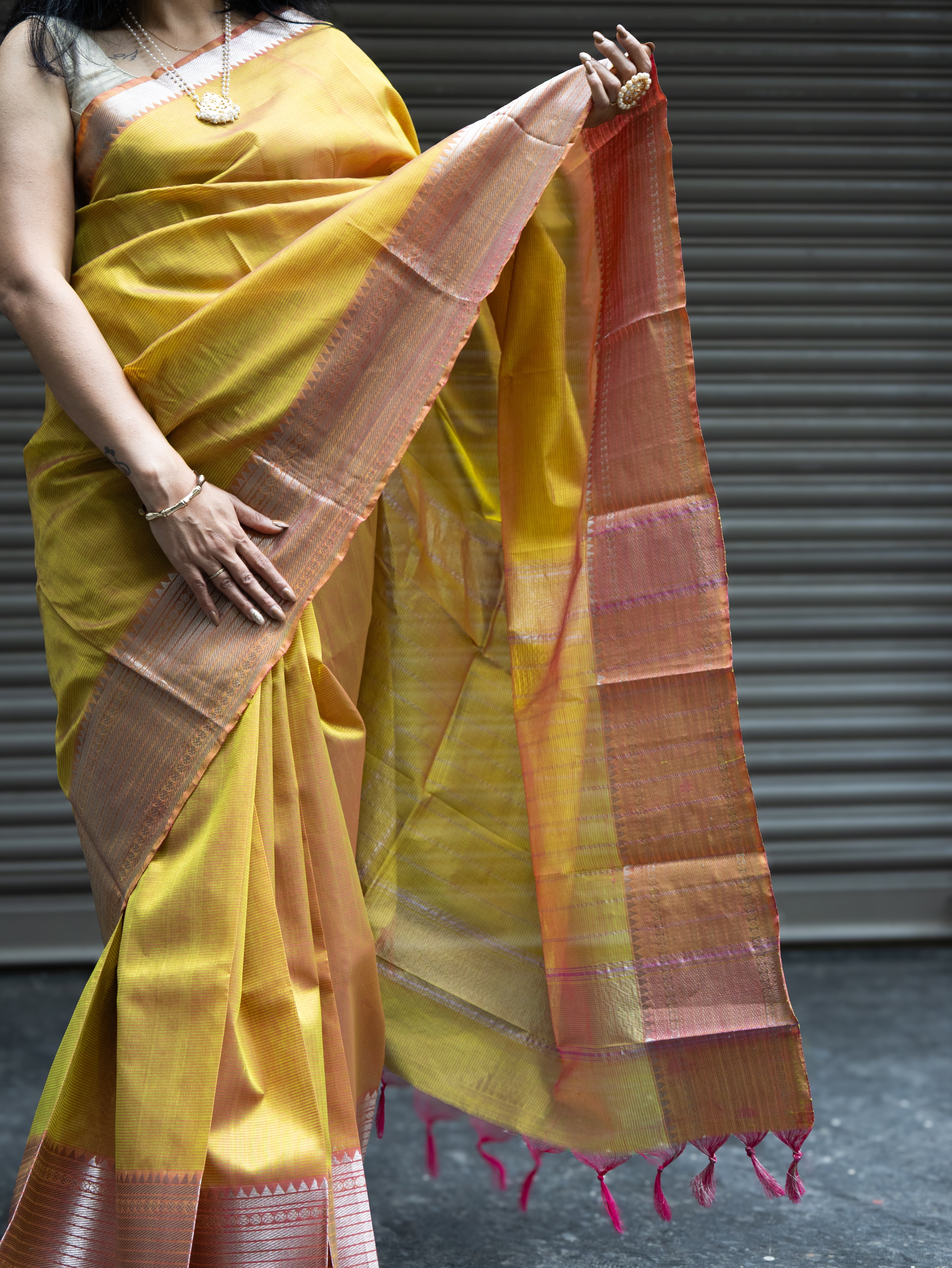 Mangalgiri Pattu Silk Saree with Rudraksh Border - Yellow