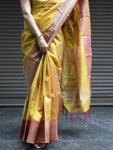 Mangalgiri Pattu Silk Saree with Rudraksh Border - Yellow