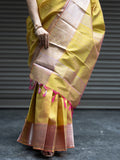Mangalgiri Pattu Silk Saree with Rudraksh Border - Yellow