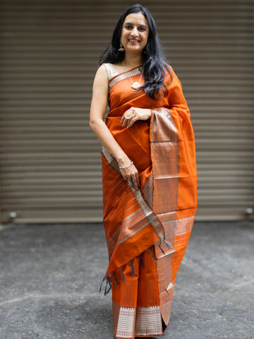 Mangalgiri Pattu Silk Saree with Rudraksh Border - Orange