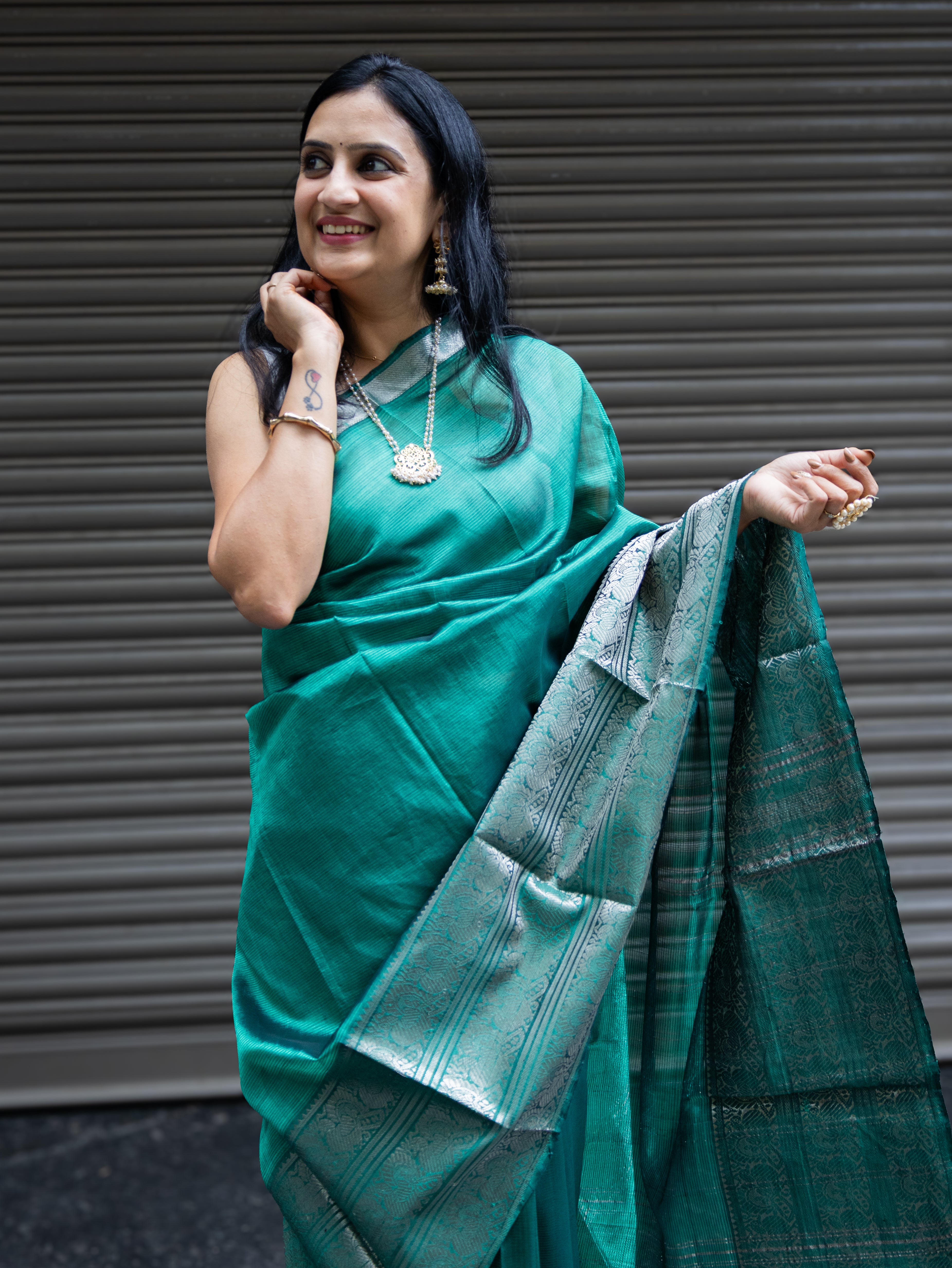 Mangalgiri Pattu Silk Saree with Peacock Border - Green
