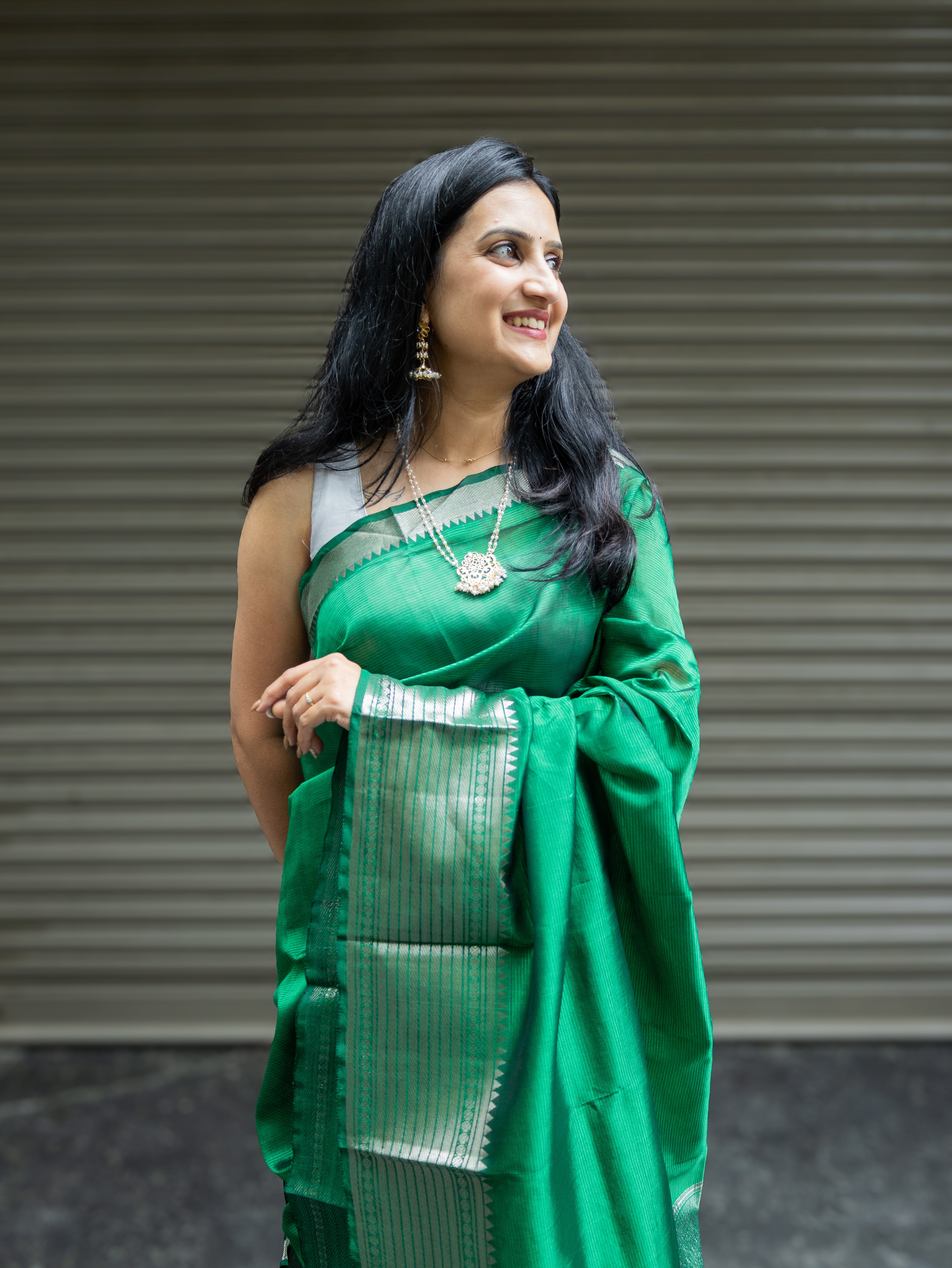 Mangalgiri Pattu Silk Saree with Rudraksh Border - Green
