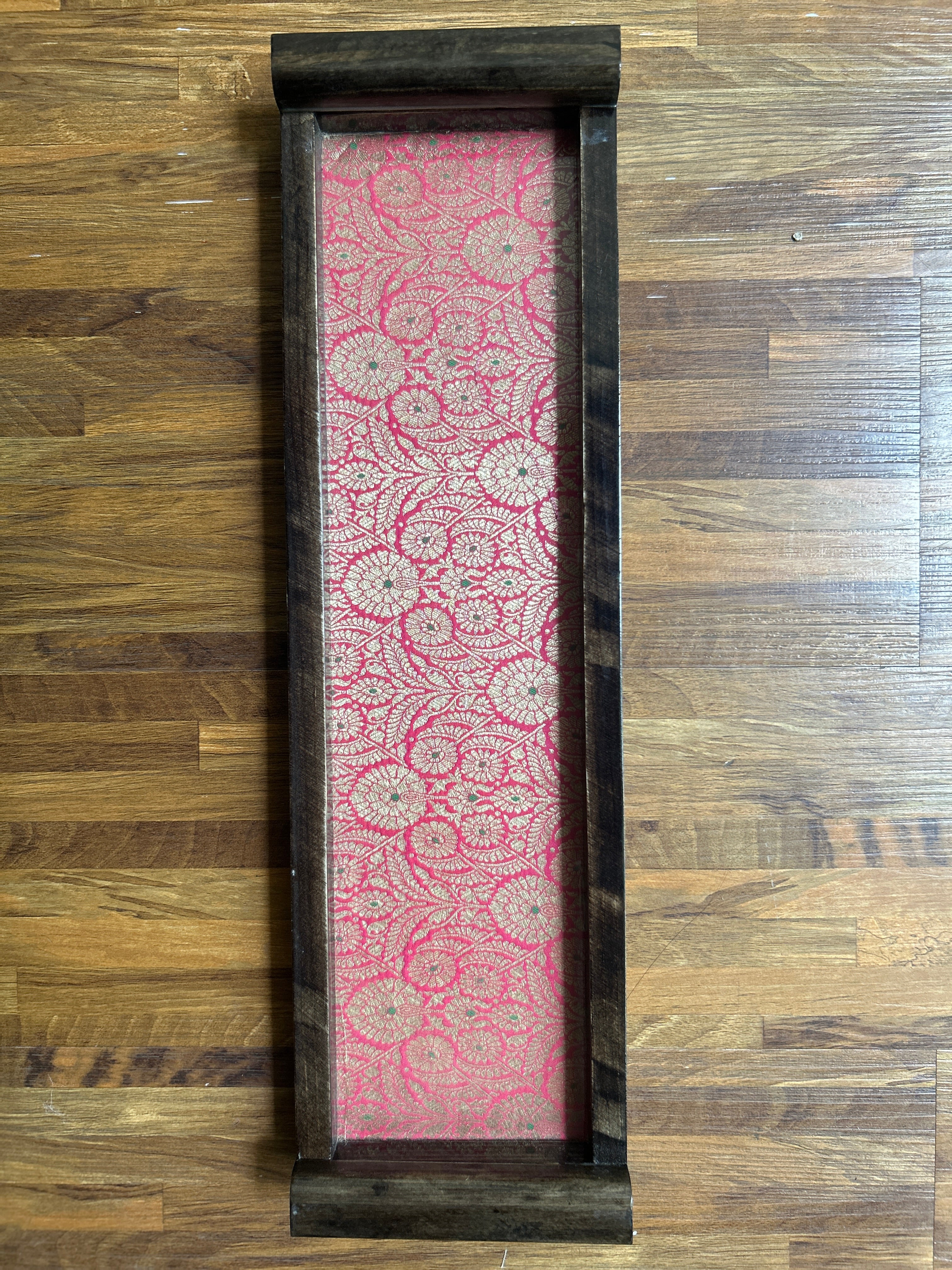 Wooden Tray - Long - Pink & Gold Floral Brocade