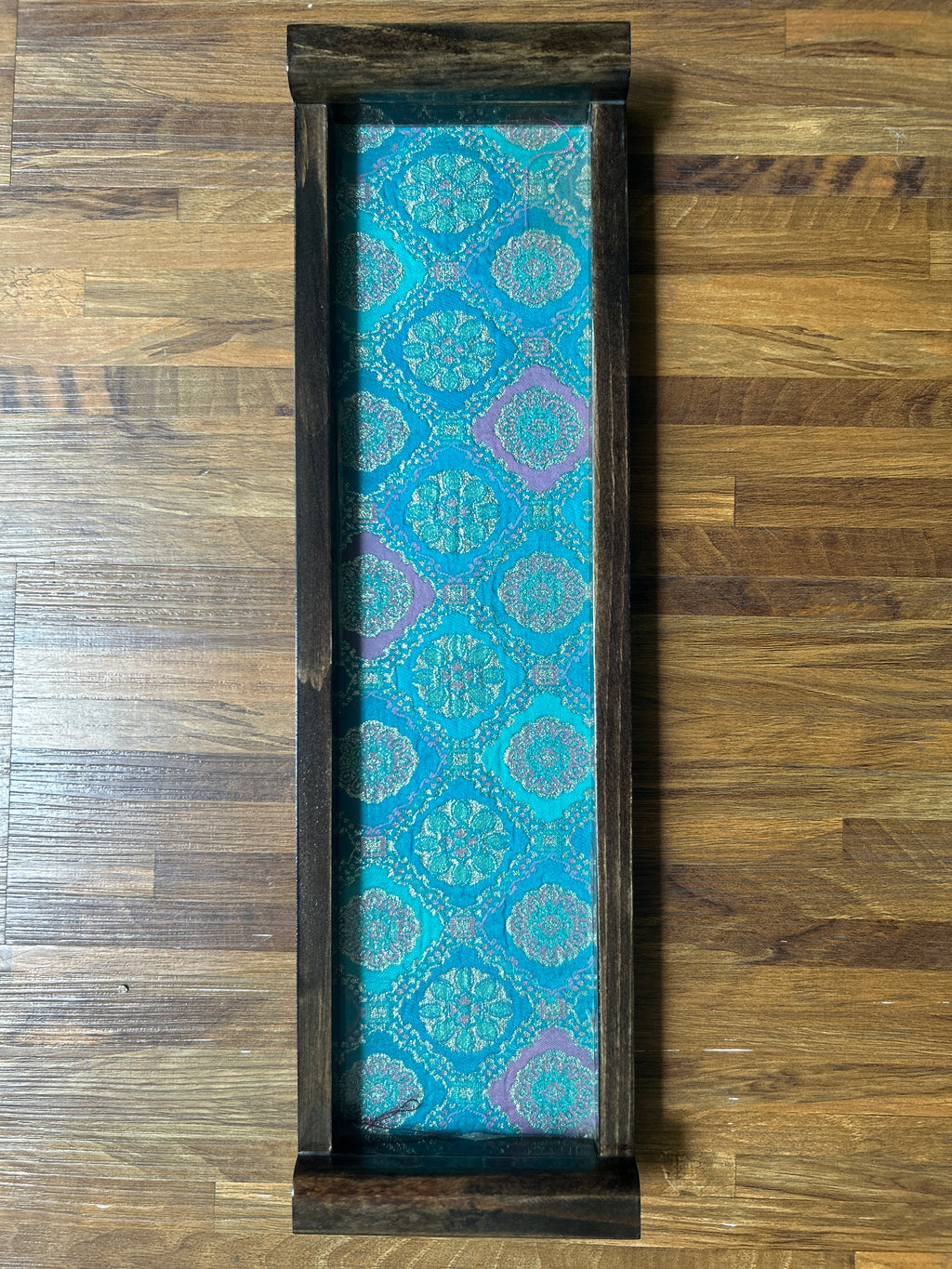 Wooden Tray - Long - Teal Blue & Gold Brocade