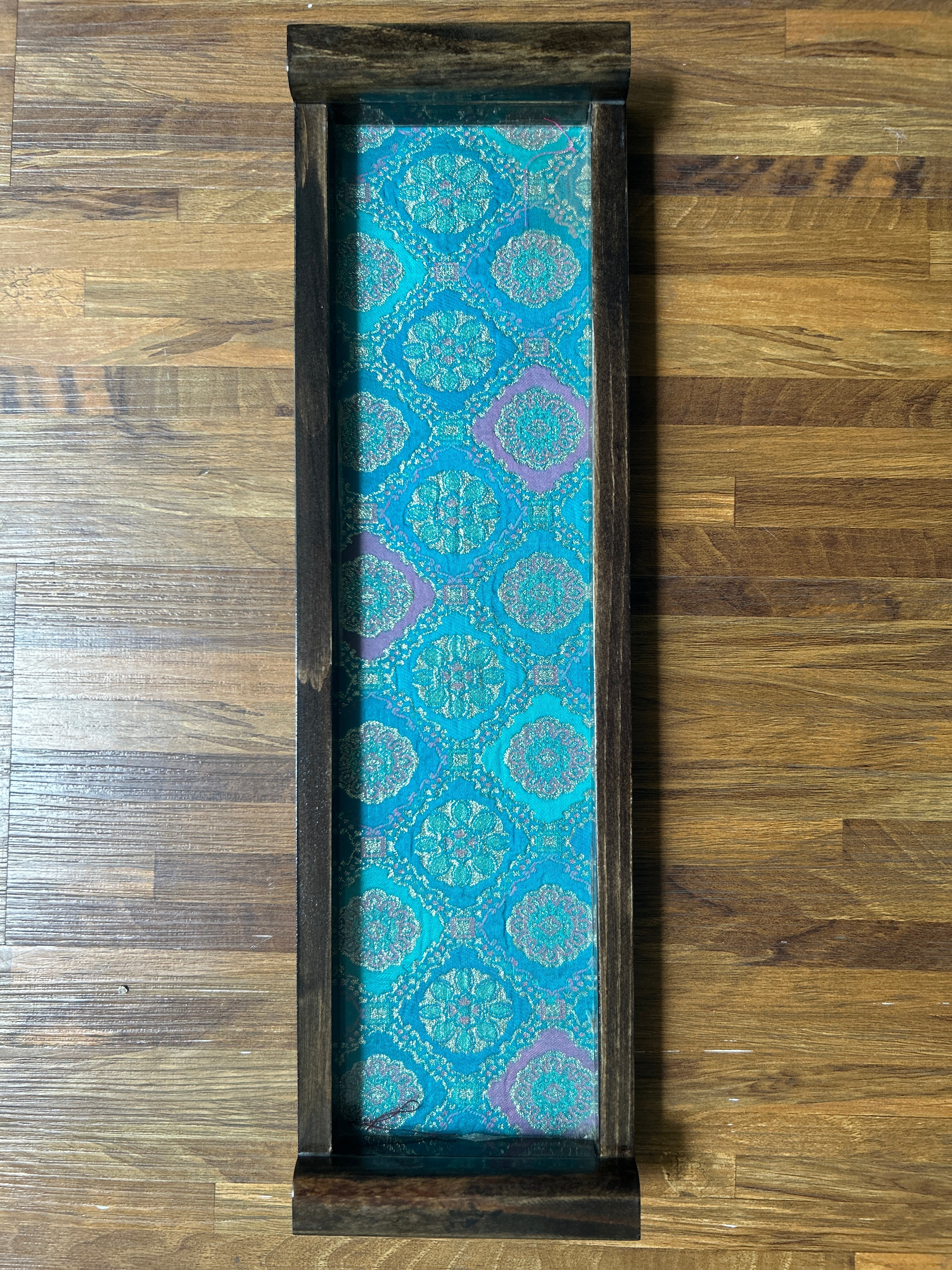 Wooden Tray - Long - Teal Blue & Gold Brocade