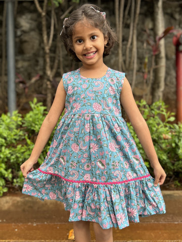 Girl's Cotton Frock - Blue Floral