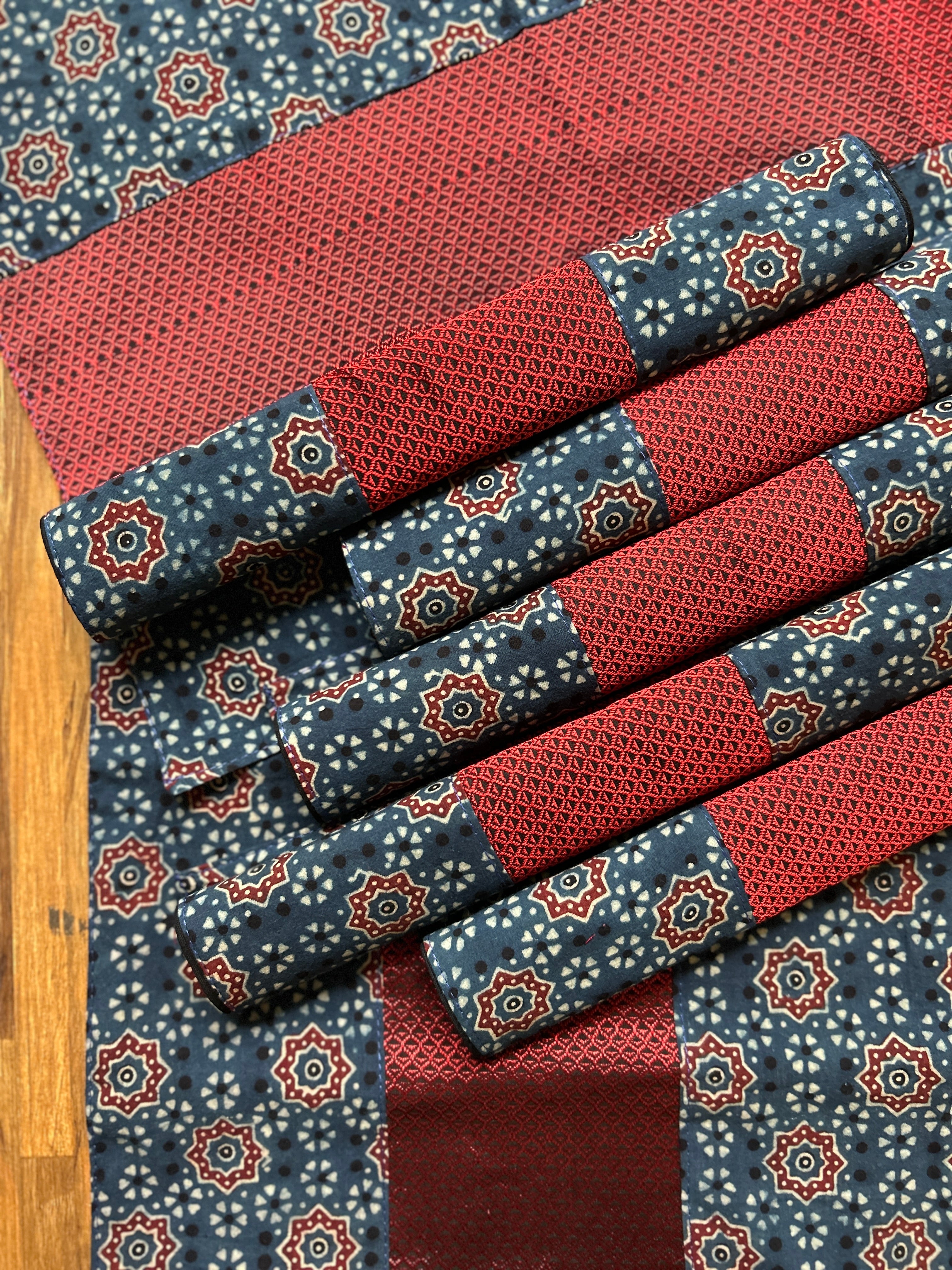 Table Mat & Table Runner Set -Maroon khun with Ajrakh Blue