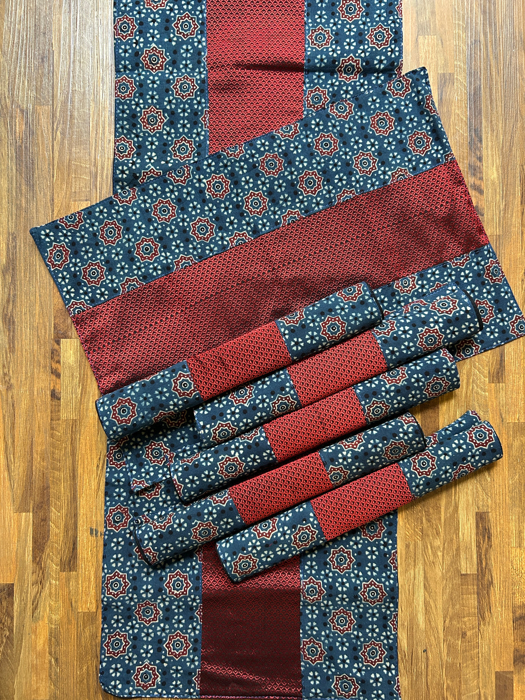 Table Mat & Table Runner Set -Maroon khun with Ajrakh Blue
