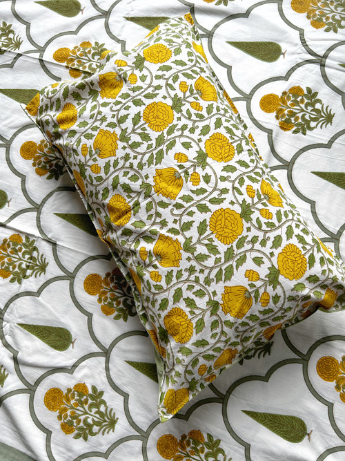 Baagh Superking Bedsheet - Yellow & Green Butti