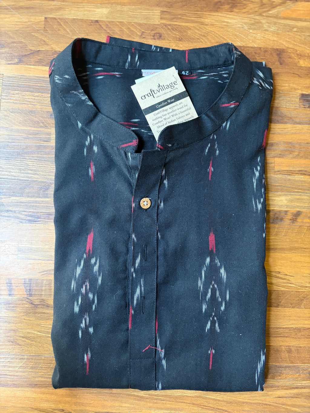 Men's Short Kurta - Black Ikat